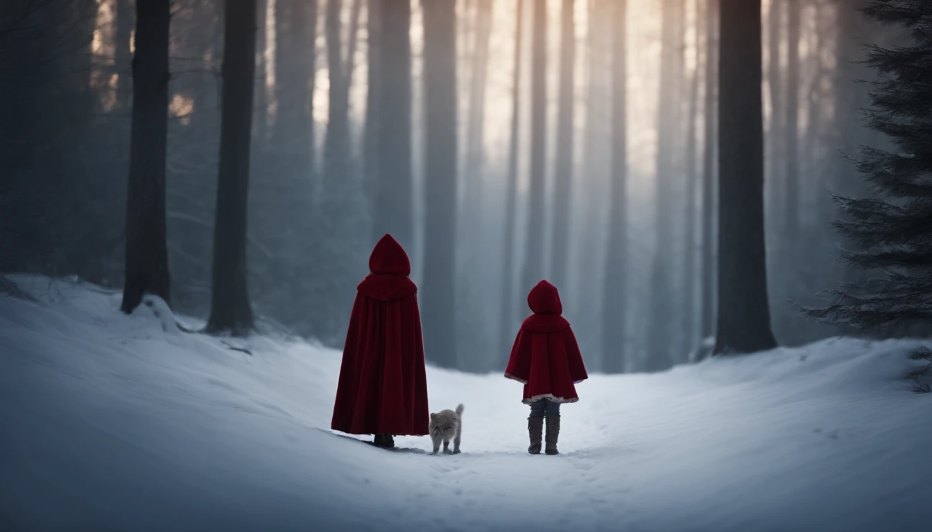 ue,Medieval woodland, line of tall trees, snowscape, Little Red Riding Hood Girl, werewolf cub