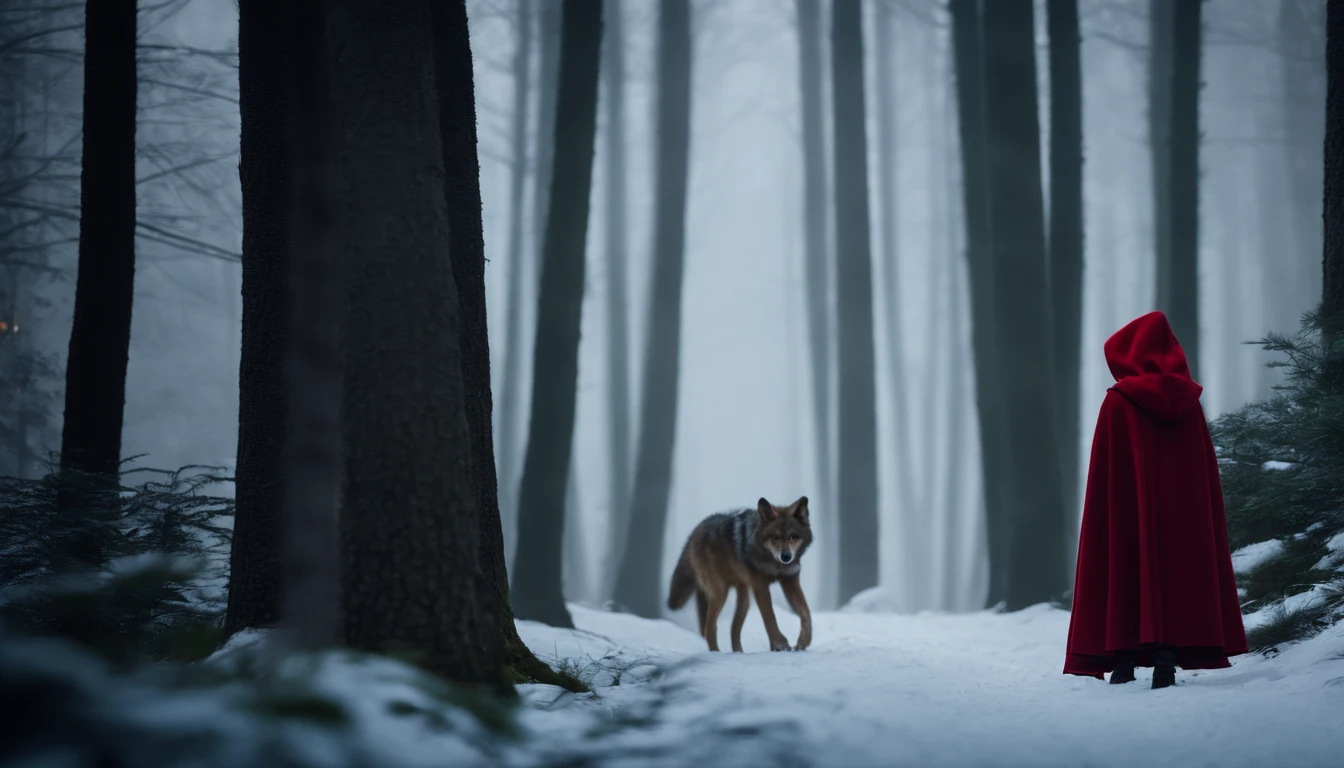 ue,Medieval woodland, line of tall trees, snowscape, Little Red Riding Hood Little Girl, werewolf cub