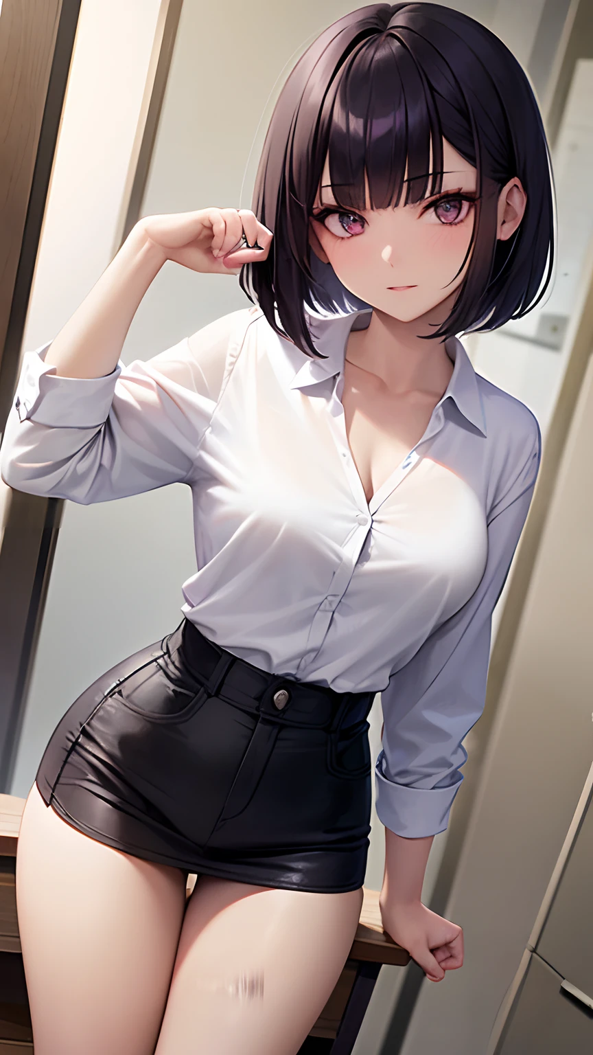 mujer de cabello corto, cabello blanco, bob cut, ojos purpura, rostro enojado, ropa de secretaria, camisa roja, cuerpo completo,