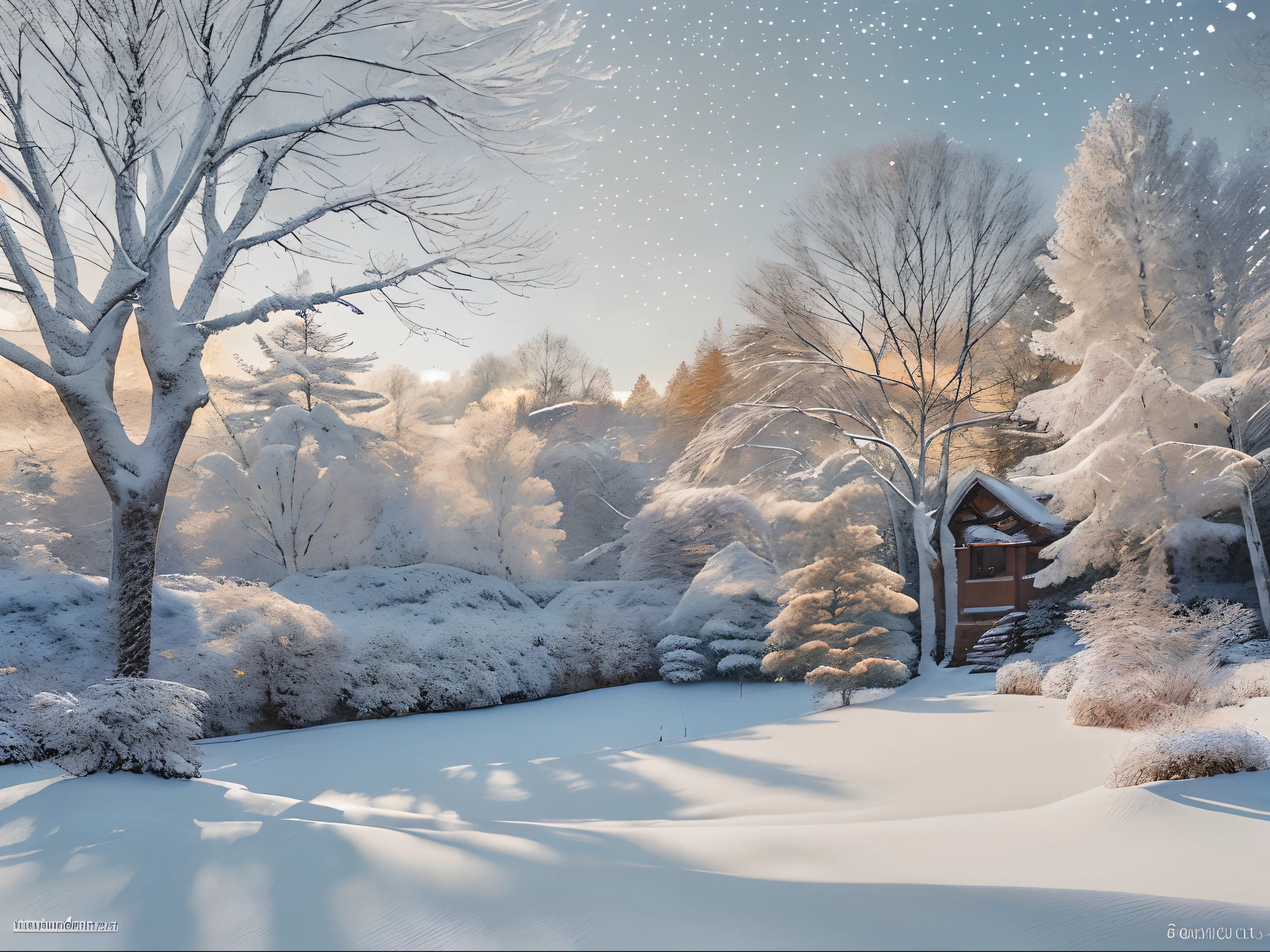 A breathtakingly beautiful and elaborately detailed painting showcases the captivating world of seasonal backgrounds. The image, seemingly brought to life by a masterful artist, features delicate snowflakes floating gracefully in the winter air, creating a mesmerizing scene of tranquility and wonder. Each intricate snowflake is carefully crafted, embodying the unique and intricate beauty of nature. In the background, a serene landscape emerges, blanketed in a pristine layer of snow, while distant evergreen trees lend a touch of elegance to the composition. The painting exudes a sense of pure artistry, with its vibrant colors and meticulous brushstrokes, allowing viewers to immerse themselves in the enchanting atmosphere of the winter season.