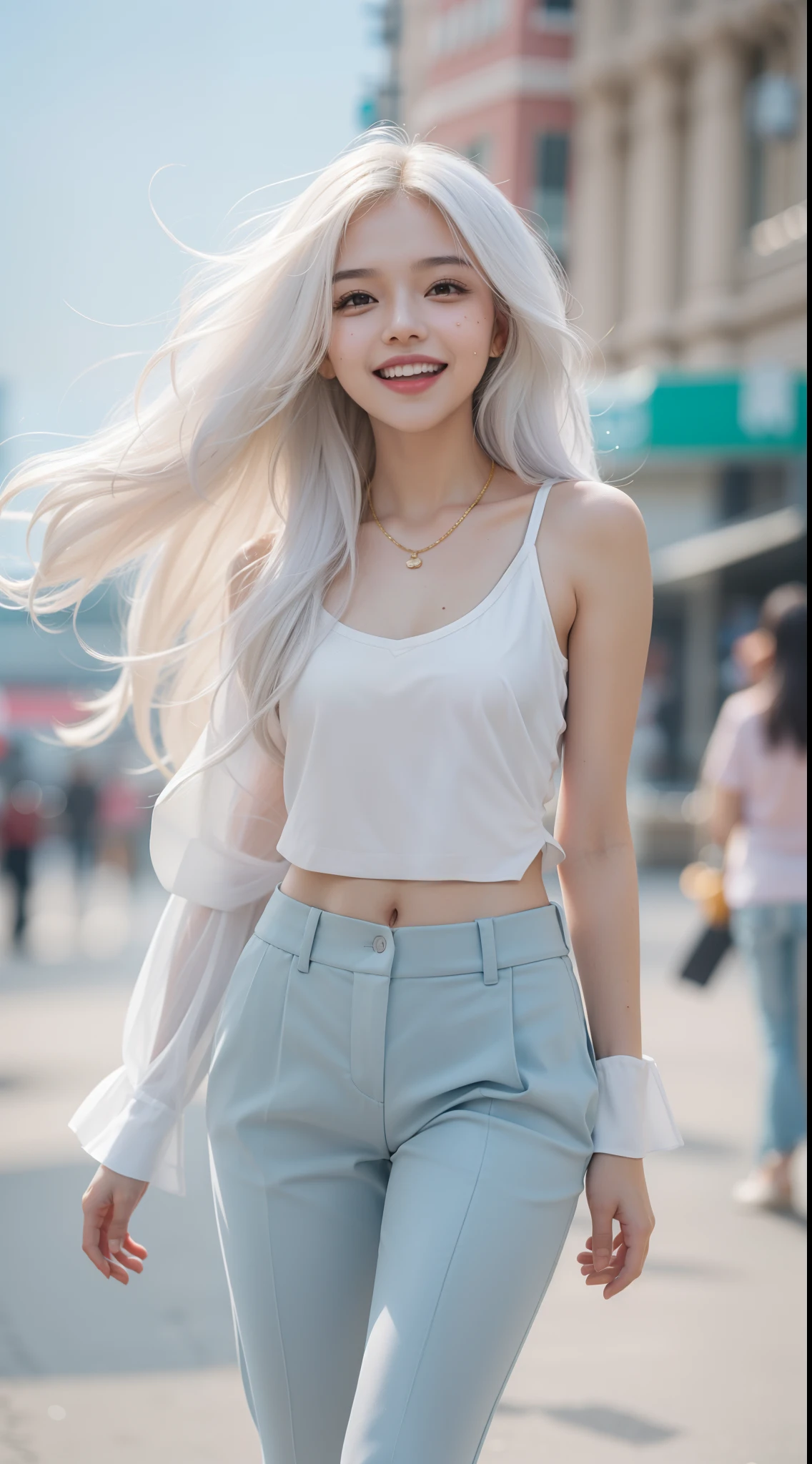 Malay girl very long white shiny hair with sleek tide neatly , wear pastel blue office outfit, suits, smiling, very long white hair, wear gold necklace, front view, very long wavy white hair, windy, detail skin, age spot, detail skin texture, mole below eyes, small breast, flat chest, wide hips, small waists, thick thighs, slim abs, beautiful body, morning, laughing, happy, bright lighting, people in background, city background, blur background, bokeh, location: city street