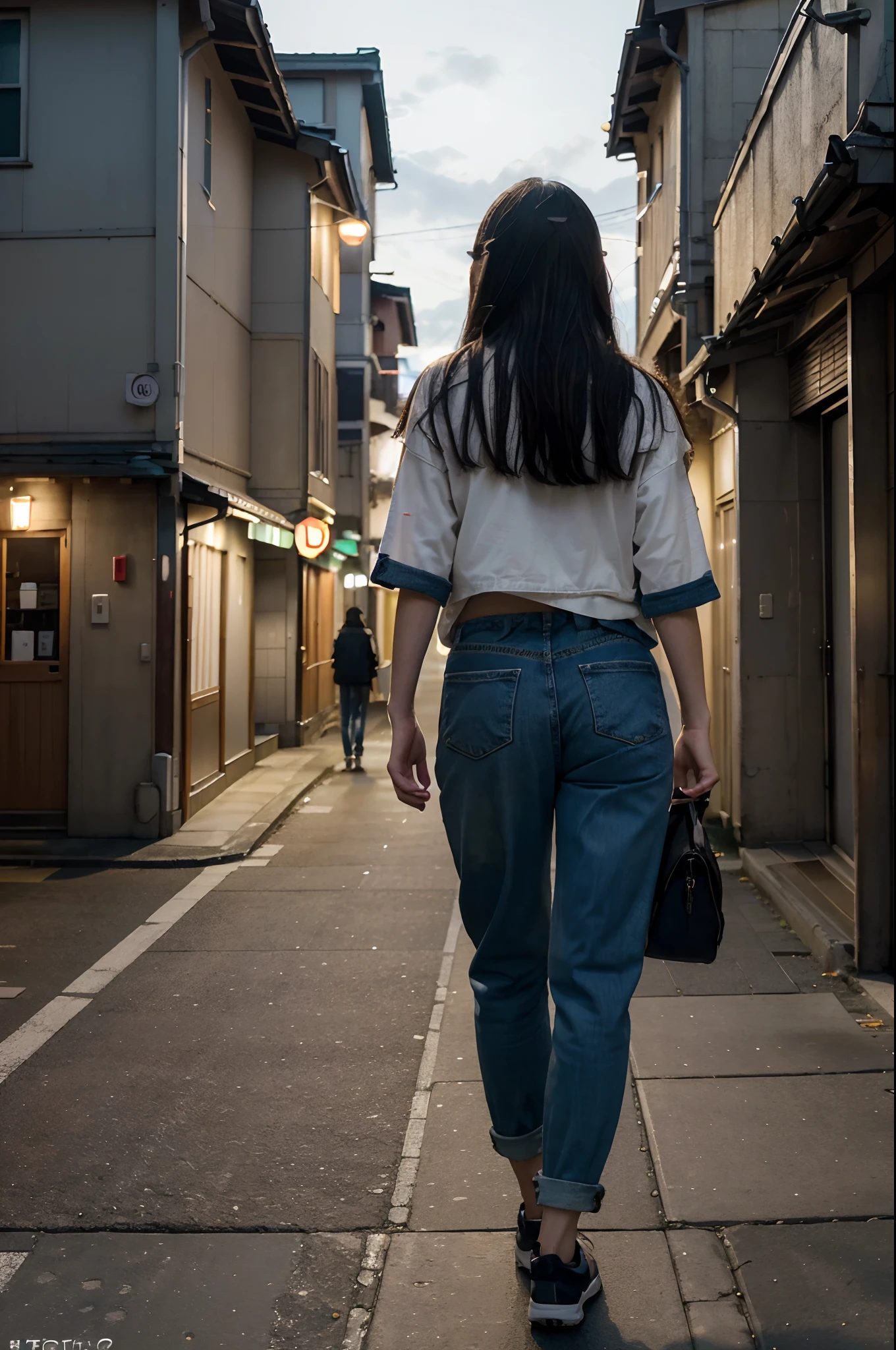 (Best Quality, 8K), (Photo Photorealistic:1.4), (A hyper-realistic:1.4), (realisitic:1.3), Streets in Japan, People walking down the street, Female college student back view, murky, natta, Midnight,