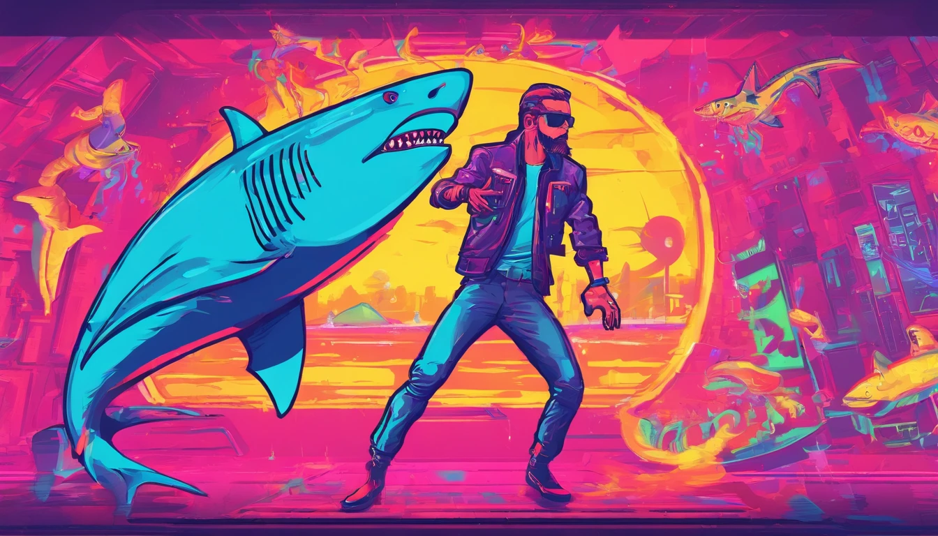 Man dances with sharks,Humans interact with sharks,dance,perky-,drink,Drunken,Cyberpunk style