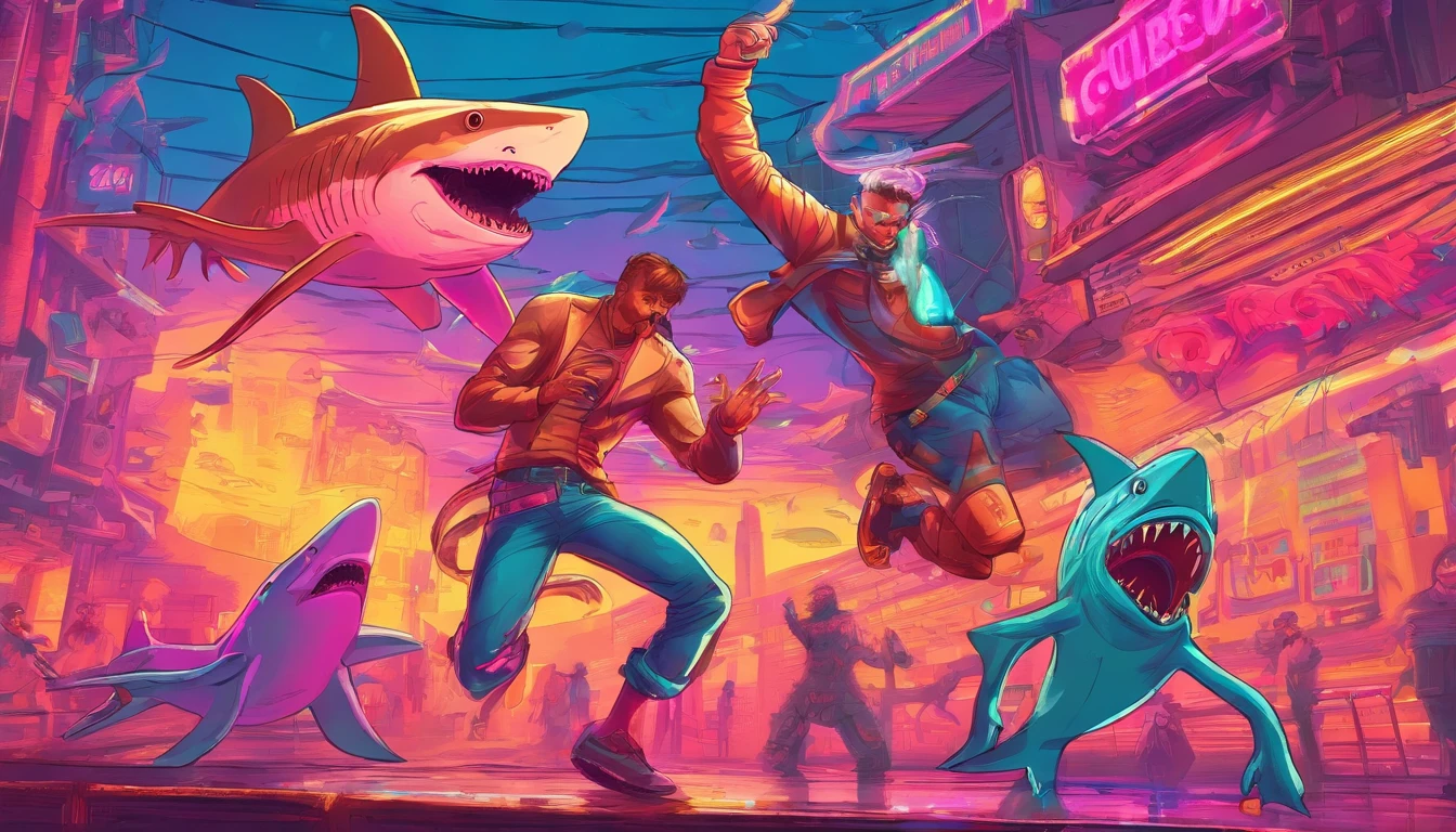 Man dances with sharks,Humans interact with sharks,dance,perky-,drink,Drunken,Cyberpunk style