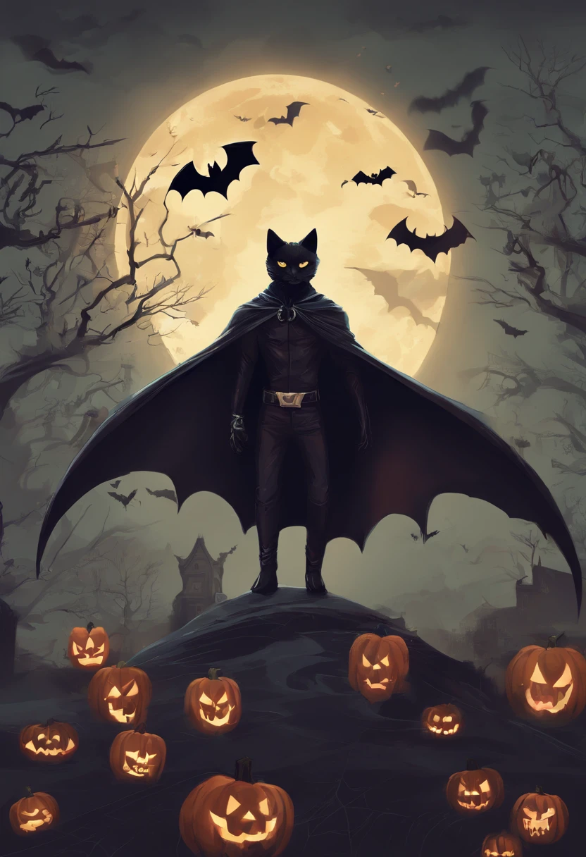 Halloween cat and bat and vampire