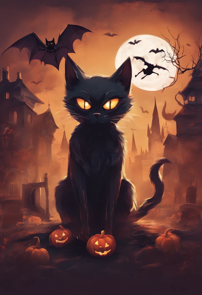 Halloween cat and bat and vampire