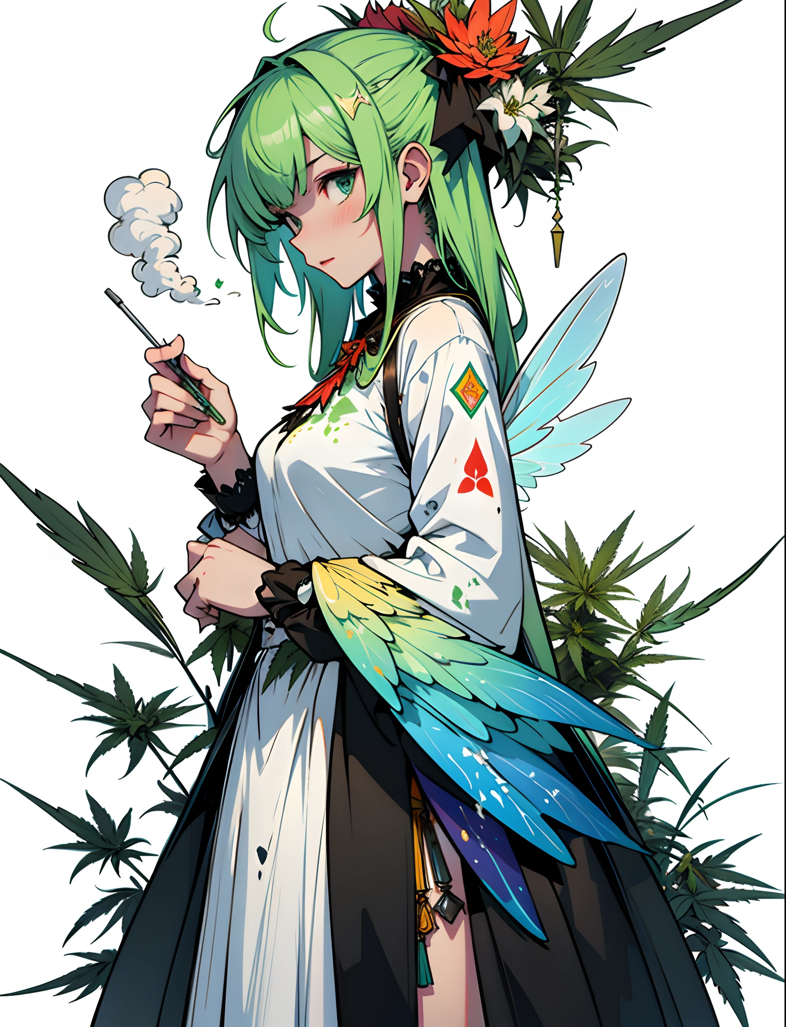 masterpiece, top-quality, girl with, ganja, Cannabis Fairy, Transparent and colorful wings, smokeing,fumo,splatters