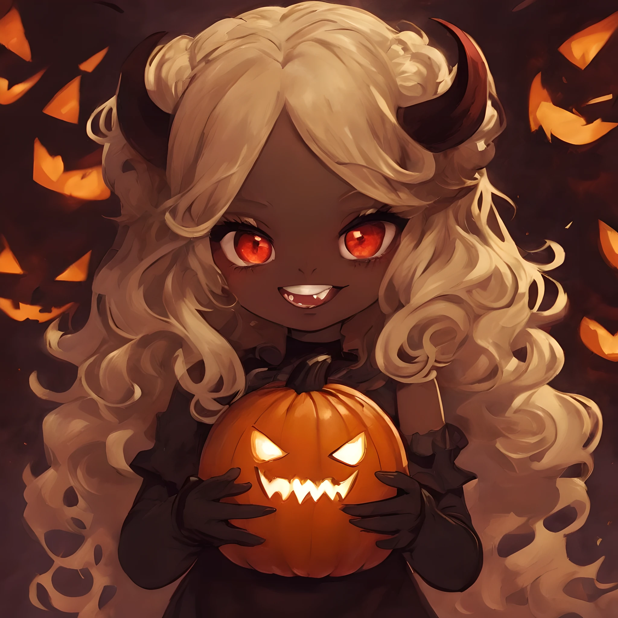 Devil, black devil, cute devil, anime illustration, ultra detailed, hyper sharp image, fangs. blonde wavy curly long hair, wearing rubber costume, halloween festival, jack o'lantern, ghost, happy smile, cute smile, red eyes, dark skin, eating pumpkin,