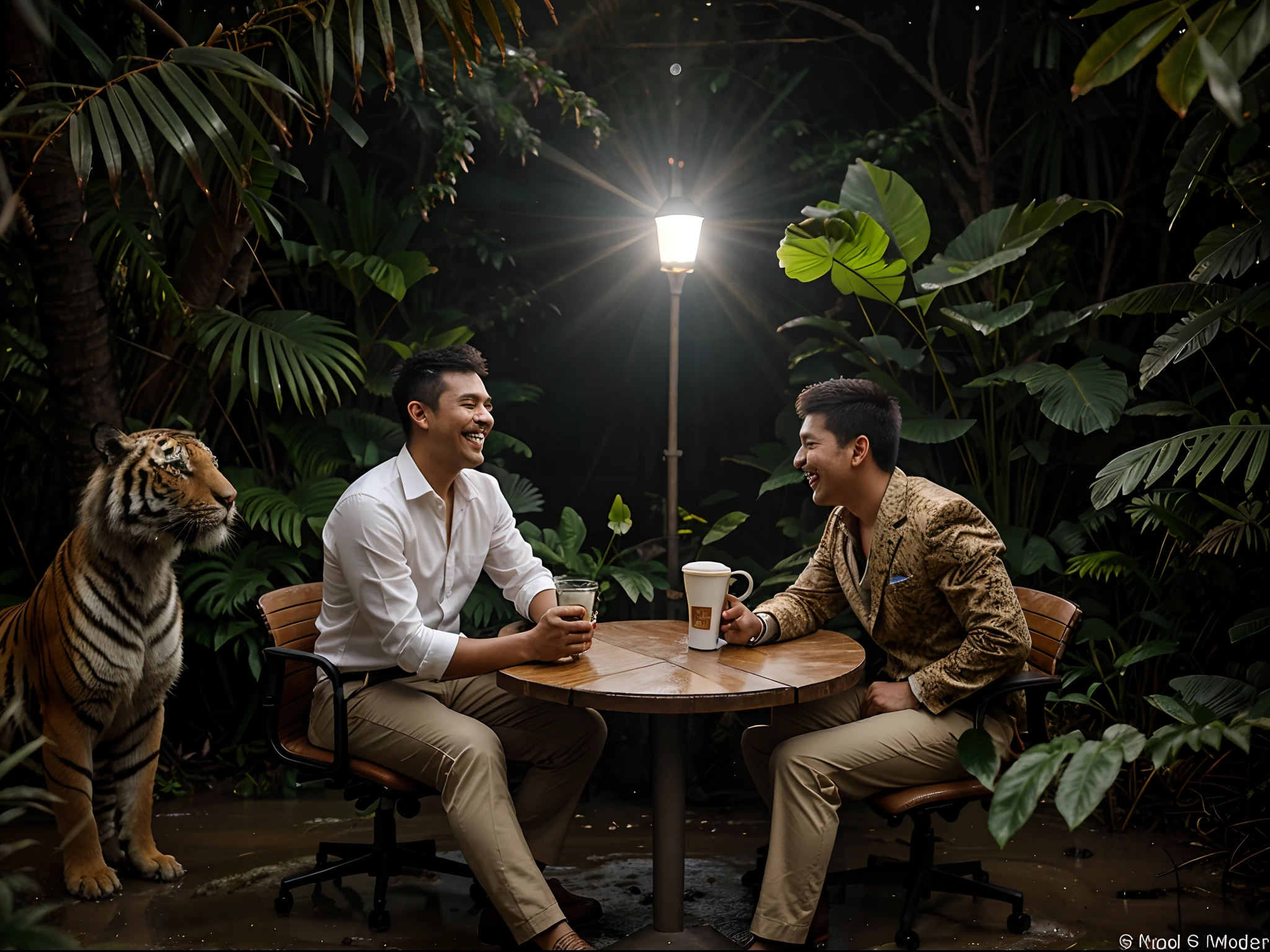 3 malay men seating in office outfit for men drinking coffee in thick and muddy jungle, wear suit, realistic face, detail face, laughing and happy, matured men, bright lighting, ultra detail photography, wild animal in background, tiger in background, wild tiger hiding in background, view from in front, ultra detail face, professional lighting setting, drinking coffee with tiger,