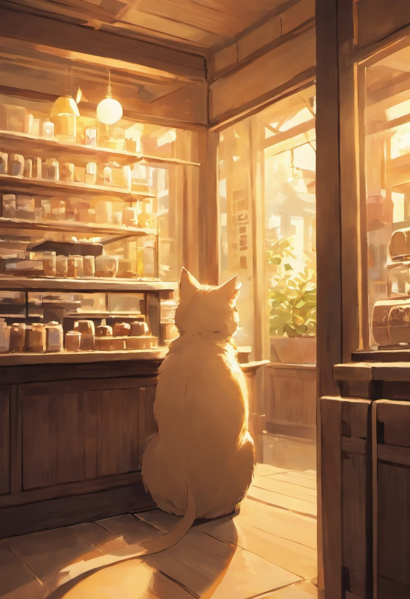 A cozy coffee shop interior, medium: hyper-realistic photography, style: reminiscent of Studio Ghibli's warm and inviting atmospheres. A cat, acting as the shop's manager, stands proudly behind the counter. Lighting: soft, golden sunlight filtering through the windows, casting a gentle glow on the wooden surfaces. Colors: earthy browns, soft whites, and muted golds. Composition: Canon EOS 5D Mark IV DSLR camera, EF 50mm f/1.8 STM lens, Resolution 30.4 megapixels, ISO sensitivity: 100, Shutter speed 1/125 second, depth-of-field focusing on the cat with a blurred background, capturing the essence of a serene afternoon. --ar 16:9 --v 5.1 --style raw --q 2 --s 750