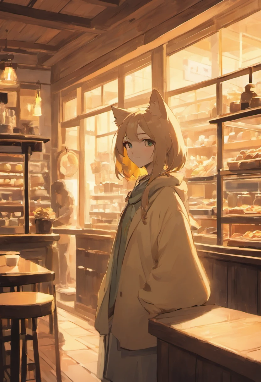 A cozy coffee shop interior, medium: hyper-realistic photography, style: reminiscent of Studio Ghibli's warm and inviting atmospheres. A cat, acting as the shop's manager, stands proudly behind the counter. Lighting: soft, golden sunlight filtering through the windows, casting a gentle glow on the wooden surfaces. Colors: earthy browns, soft whites, and muted golds. Composition: Canon EOS 5D Mark IV DSLR camera, EF 50mm f/1.8 STM lens, Resolution 30.4 megapixels, ISO sensitivity: 100, Shutter speed 1/125 second, depth-of-field focusing on the cat with a blurred background, capturing the essence of a serene afternoon. --ar 16:9 --v 5.1 --style raw --q 2 --s 750