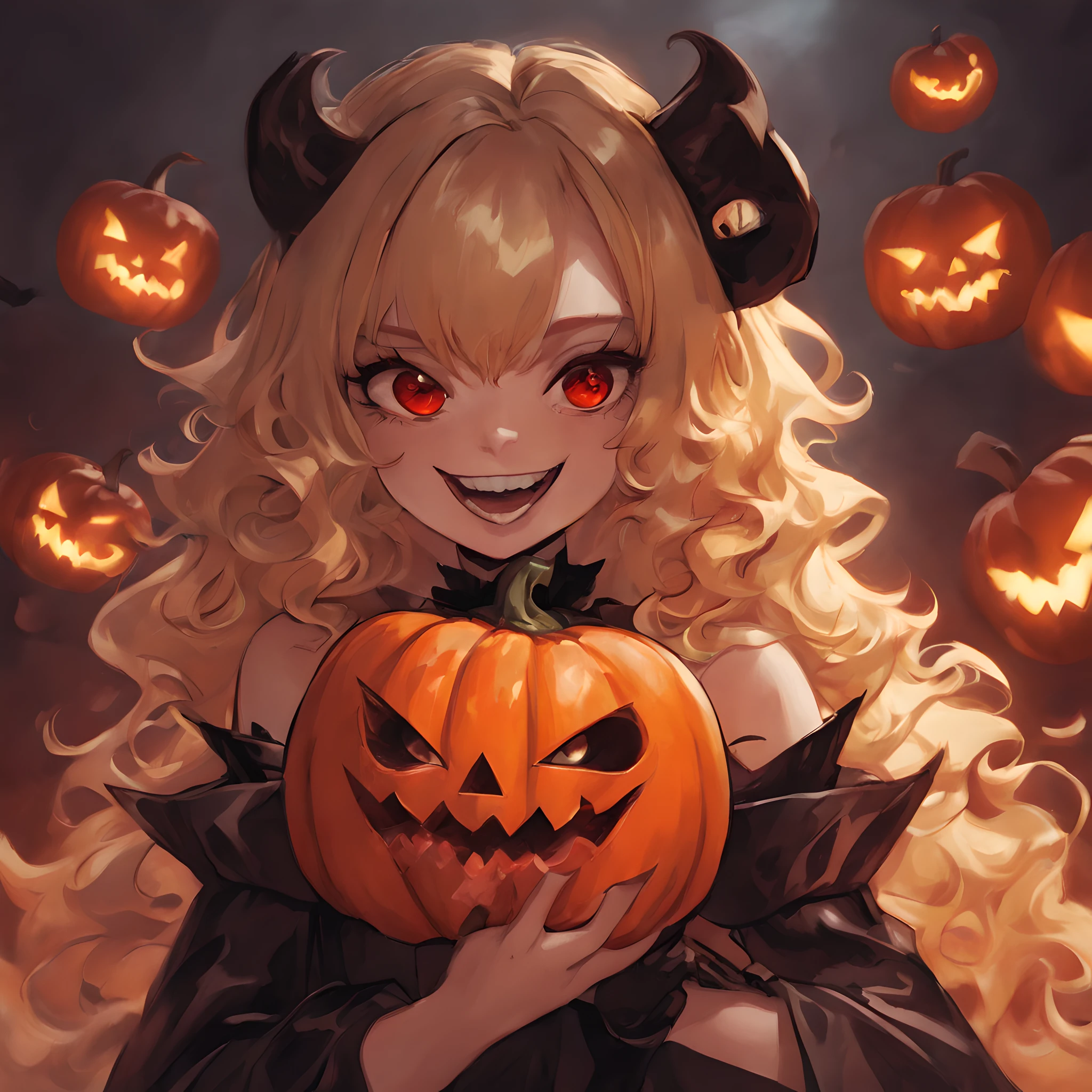 Devil, black devil, cute devil, anime illustration, ultra detailed, hyper sharp image, fangs. blonde wavy curly long hair, wearing rubber costume, halloween festival, jack o'lantern, ghost, happy smile, cute smile, red eyes, eating pumpkin,