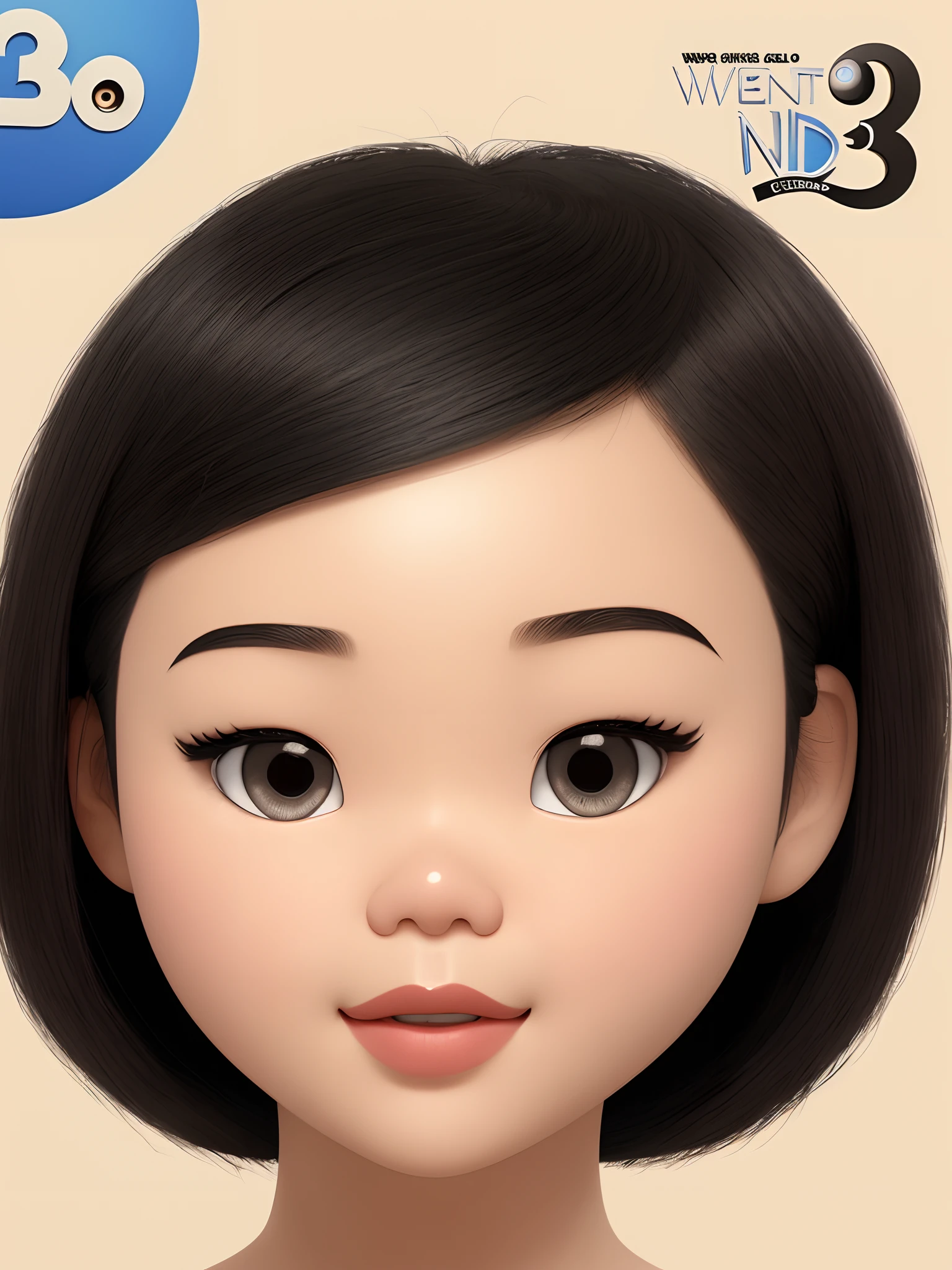 a chubby asian woman with extra long straight black hair and slight flowy bangs. She is overweight. White skin. She has weak jaw and small lower mouth. Her face is round shape. The lenght between her eyes are near. Diamond eyes shape and monolid and small. Straight nose. 3d pixar style cartoon realistic poster.