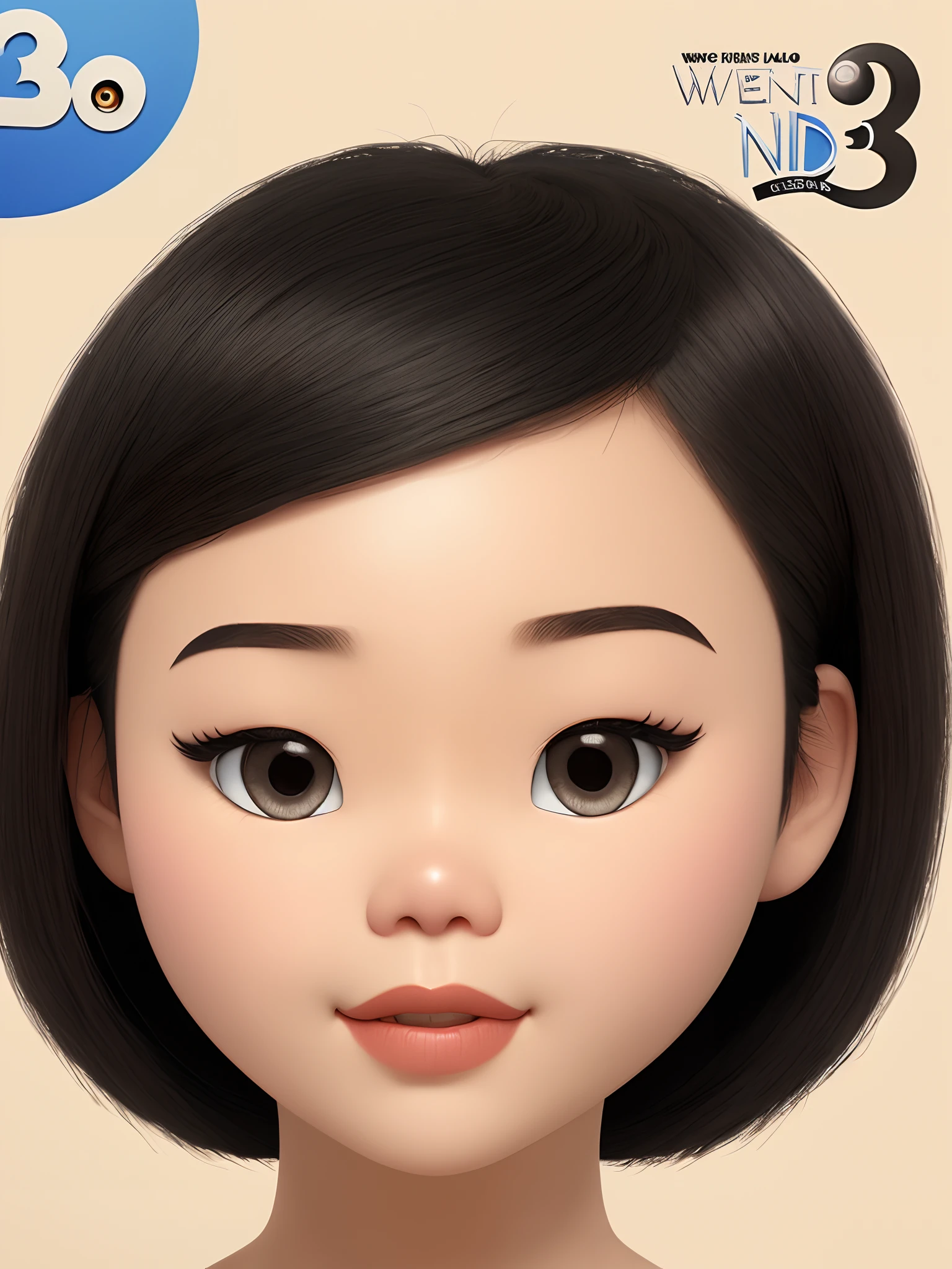 a chubby asian woman with long straight black hair and slight flowy bangs. She is overweight. White skin. She has weak jaw and small lower mouth. Her face is round shape. The lenght between her eyes are near. Diamond eyes shape and monolid and small. Straight nose. 3d pixar style cartoon realistic poster.