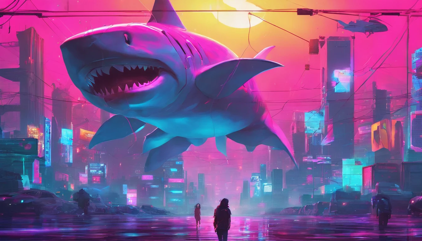 Giant sharks are dancing，Humans dance with sharks，drunk，There is a blush on the face，mechanized，Cyberpunk style，Fine details. anime big breast. Anime epic artwork, dreamy psychedelic anime, colorful concept art, emotional concept art, Beeple e James Jean, anime visuals, artgem and beeple masterpiece, Anime art wallpaper 4 K