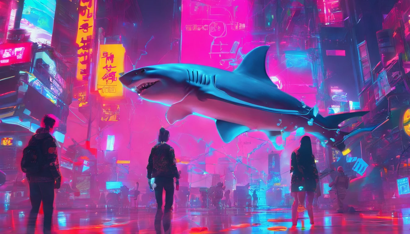 Giant sharks are dancing,Humans dance with sharks,drunk,There is a blush on the face,mechanized,Cyberpunk style,Fine details. anime big breast. Anime epic artwork, dreamy psychedelic anime, colorful concept art, emotional concept art, Beeple e James Jean, anime visuals, artgem and beeple masterpiece, Anime art wallpaper 4 K