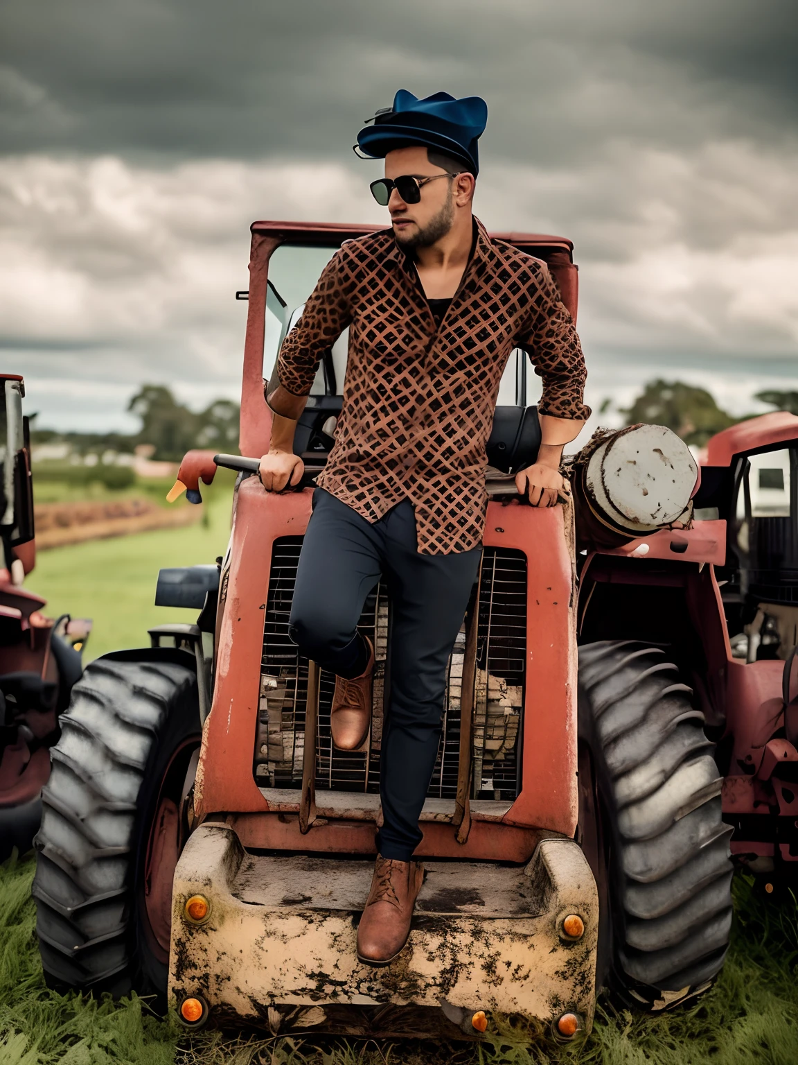 there is a man sitting on a tractor with a hat on, stylish pose, edited in photoshop, cool pose, with a cool pose, casual photography, very artistic pose, taken with sony alpha 9, shot on nikon z9, shot on canon eos r 5, very cool pose, shot on canon eos r5, full body photogenic shot, cinematic outfit photo