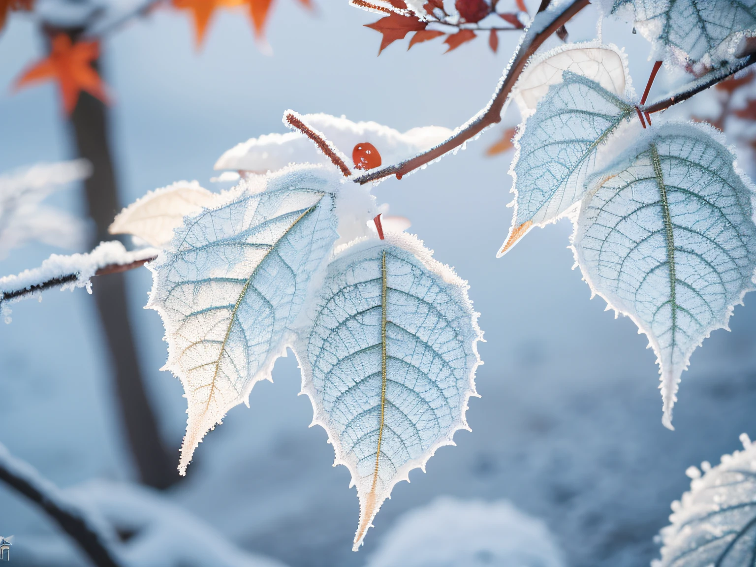 China has 24 solar terms,Frost, autumn
There is white frost on the leaves, Frost clings to autumn
leaf,Temperature drop,Snow,cool colours,
Warm light, 8k —aspect 8:16 —v5.2