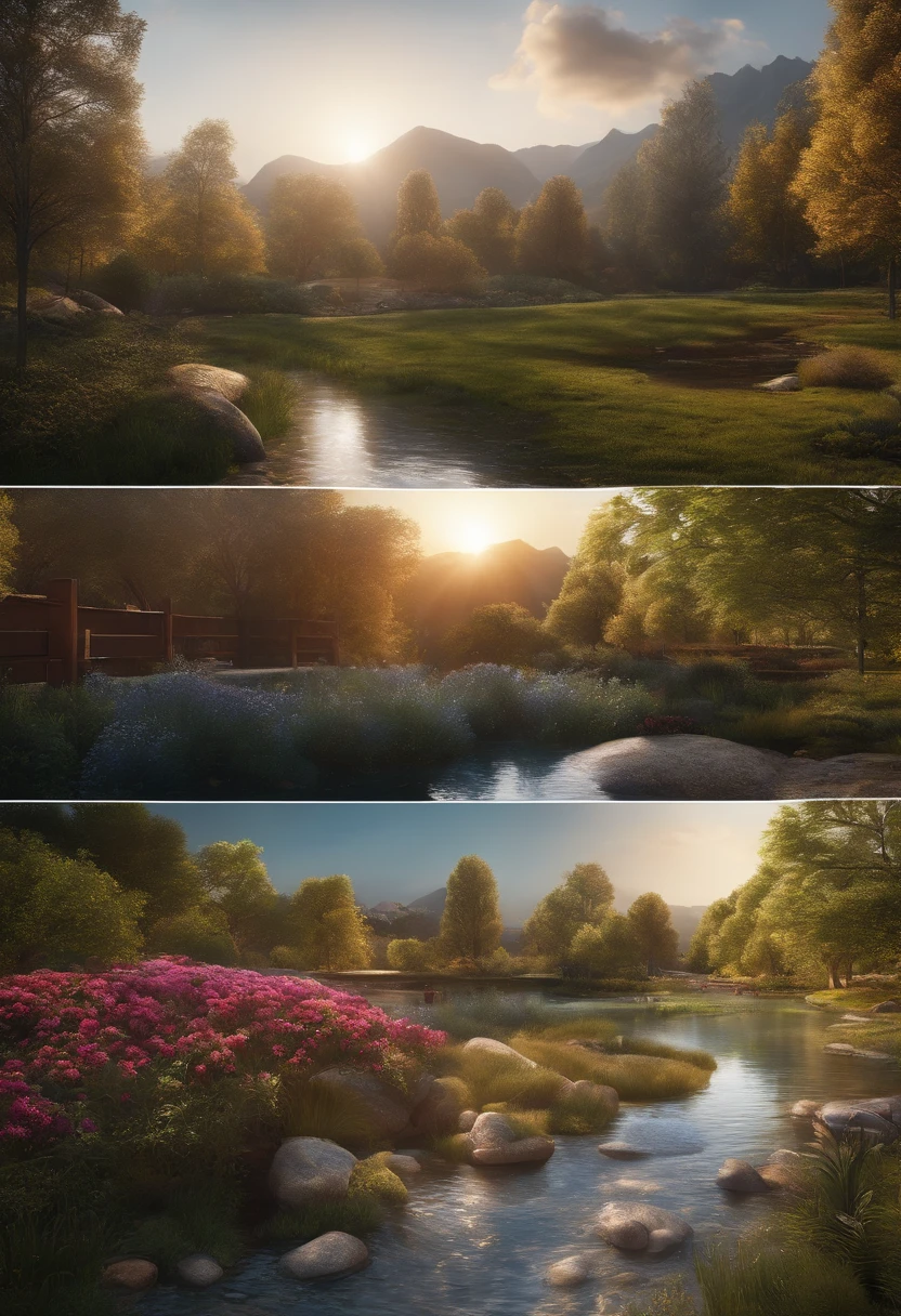 A serene place, very pleasant, beautiful, calm and beautifully landscaped. photorealistic, 8k uhd, studio quality, ultra realistic, maximum detail, large scale, postprocessing, photorealistic, photorealistic, photoshop, photography, detailed, cinematic lighting, landscape, panorama, scenery, ray tracing, cinema4d