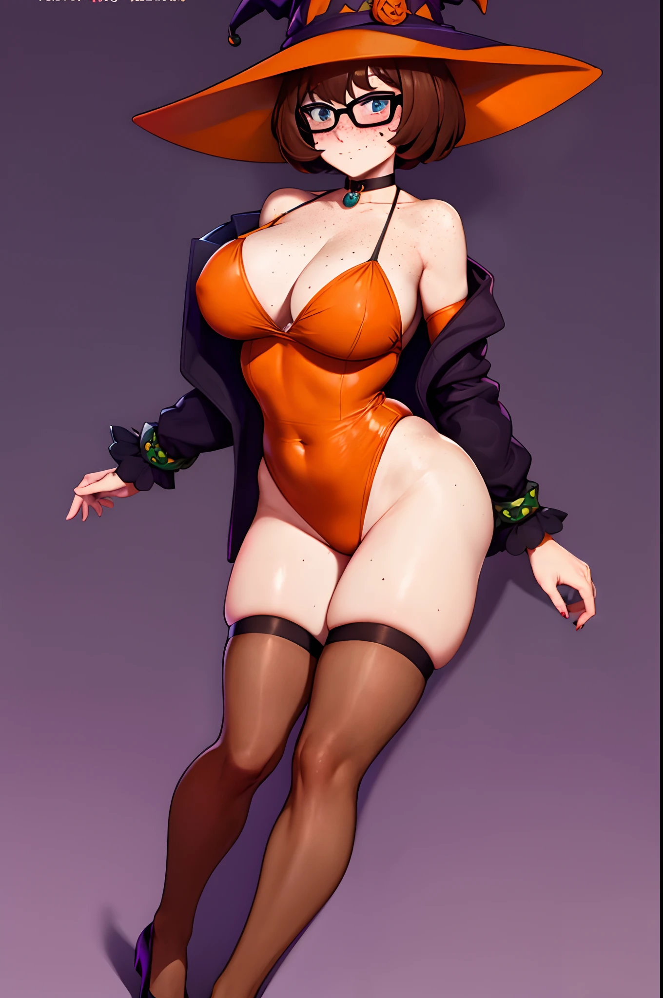 Velma, halloween night, sexy witch costume, witch hat, halloween night background, halloween street, thicc, Velma, brown hair, freckles, detailed, intricate,