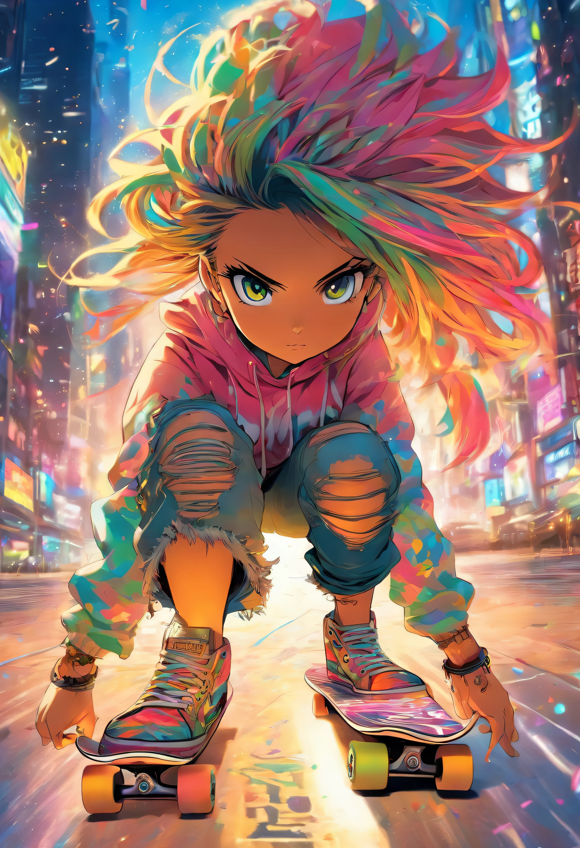 La fille de skateboard la plus belle et la plus sexy, cheveux de couleur arc-en-ciel, yeux jaunes, wear a hoodie, T-shirt graphique, Ripped skinny jeans and highly detailed skateboarding gear, Des tonnes de tatouages et de piercings, very detailed background, Perfect masterpiece, High quality, High resolution