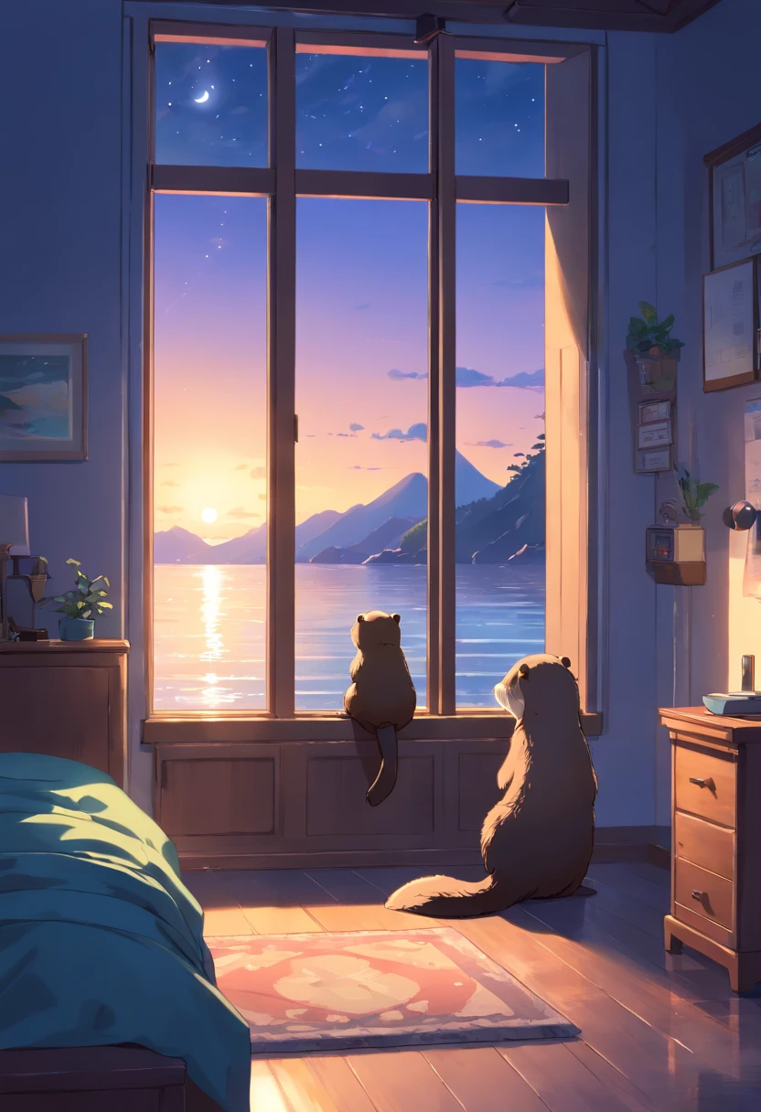 (Best quality,highr:1.2),Fotorrealista,stickfigure,anime big breast,Cute little sea otter,(natta,Moonlight poured in from the little sea otter's bedroom window,Illuminated a corner of the room)