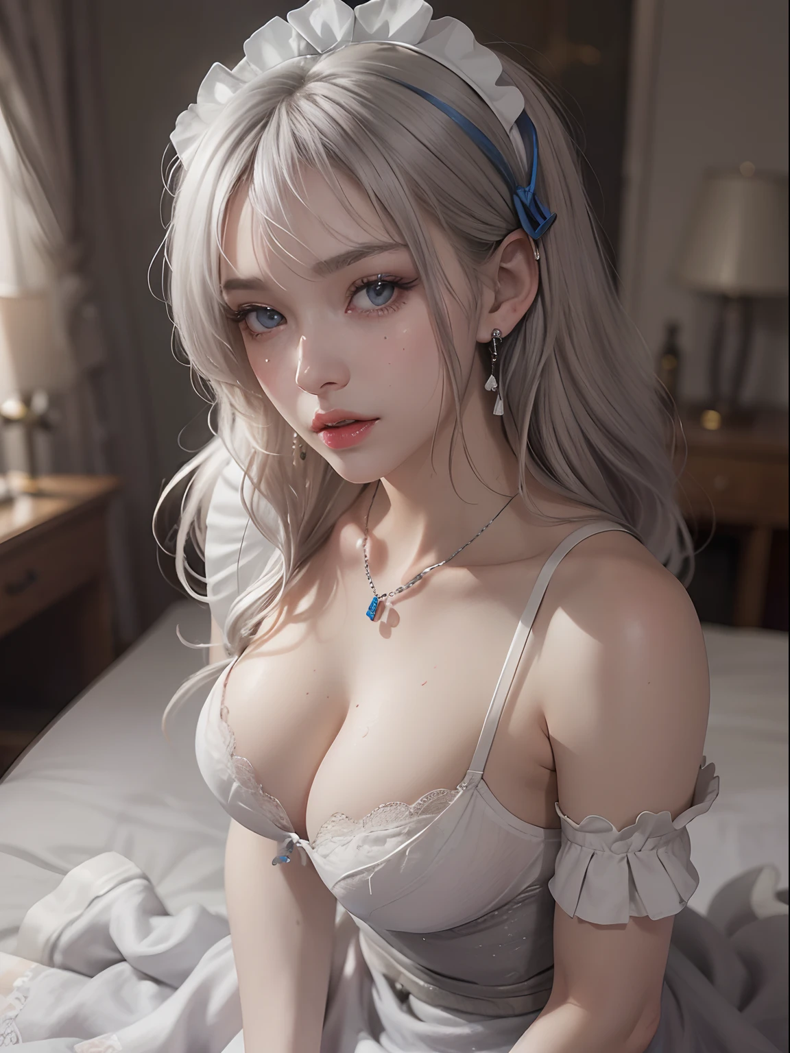 (masutepiece: 1.3), (max resolution: 1.2), (Ultra HDTV: 1.2), cinematric light, 8K resolution,
Detailed eyes and skin, detailed facial features, , (Sharp Focus: 1.2), (Focus on Face:1.2),Perfect Style, Beautiful face, acurate, Anatomically correct, Highly detailed face and skin texture, Detailed eyes, Double eyelids, Thin eyebrows, Glitter Eyeliner: 1 Natural cheeks, Glossy skin, Fair skin: 1.2, (Glossy lips: 1.4),、 (Shy look: 1.2),Highly detailed facial and skin texture, Detailed eyes, Double eyelids, Natural cheeks, , shiny lips: 1.4,Exposed cleavage、(A large amount of sperm in the chest:1.4)(Large amount of sperm in the thighs:1.2)、
red blush、humiliated、impatience、dismay、Frightened、glares、Tears、embarrassed from、Open knees、open one's legs、Masturbation behavior、masturbation、rubbing the genitals with fingers,,,,,,,,,,,,,,,,,,,,,,,,,,,,,,,,,,,,,,、
White underwear、White bra、Shiny little earrings and necklaces、、Disheveled clothes、Dressing、Exposed panties、Wearing sweat、sodden、Sheer underwear、
25 years old, femele 、 Big, upturned breasts, Sitting in bed, deep in the night、Bedroom,White-silver hair、Blue-gray eyes、(maid clothes:1.6)、