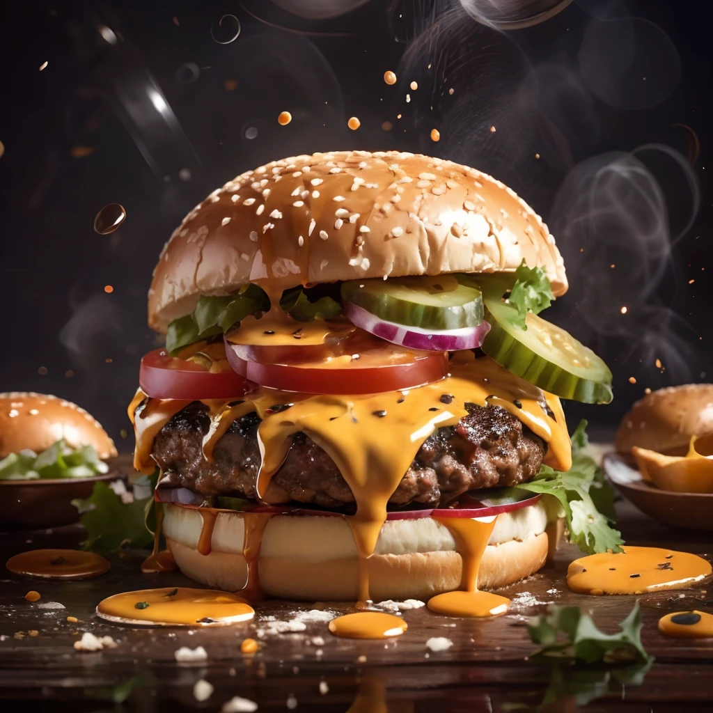 Close-up of hamburger in the air,  （Cheese splashes in burgers:1.5）, It's delicious，abstract backgrounds，oc rendered, Super detail, Professional photography, colorgrading