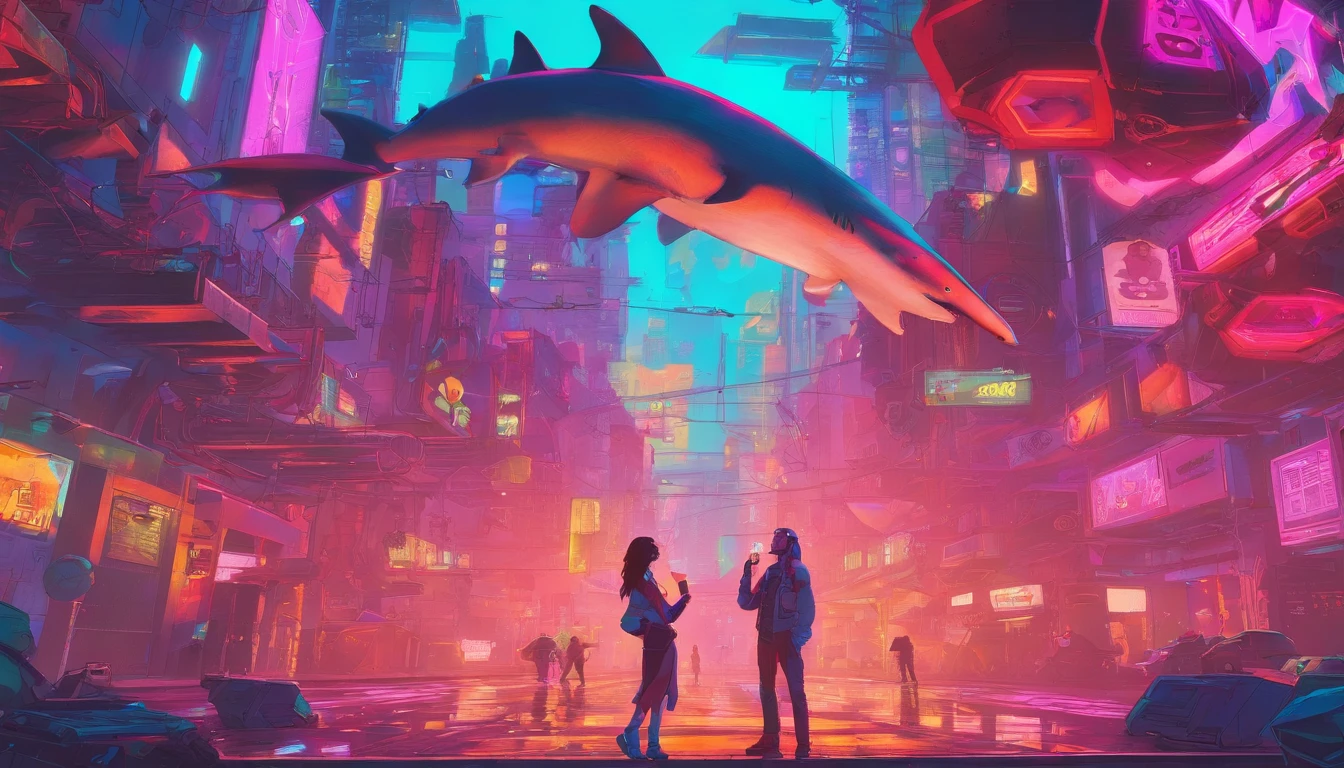 Sharks and humans dance together，Holding a wine glass in his hand，drunk，There is a blush on the face，mechanized，Cyberpunk style，Fine details. anime big breast. Anime epic artwork, dreamy psychedelic anime, colorful concept art, emotional concept art, Beeple e James Jean, anime visuals, artgem and beeple masterpiece, Anime art wallpaper 4 K