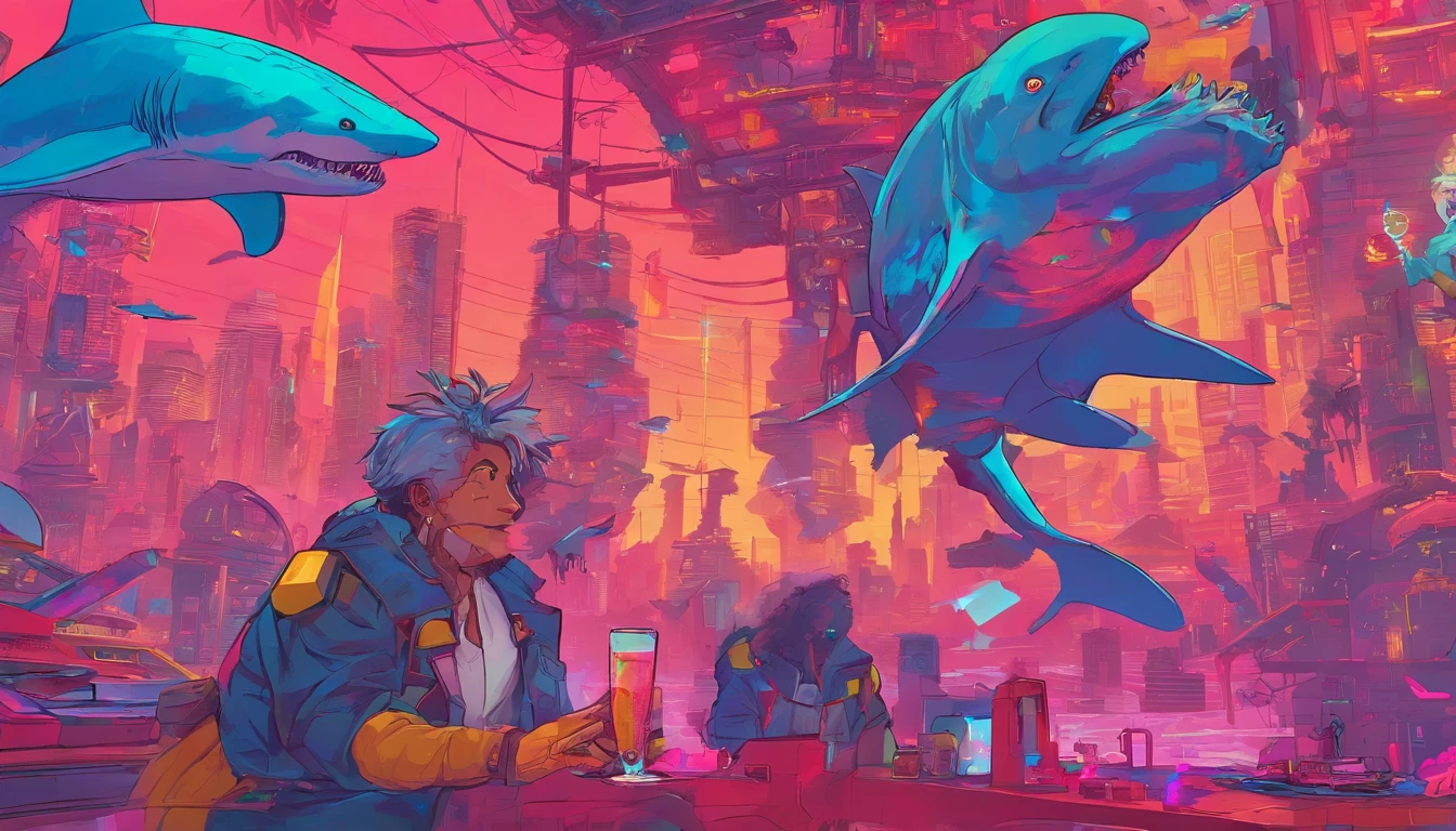 Sharks and humans dance together，Holding a wine glass in his hand，drunk，There is a blush on the face，mechanized，Cyberpunk style，Fine details. anime big breast. Anime epic artwork, dreamy psychedelic anime, colorful concept art, emotional concept art, Beeple e James Jean, anime visuals, artgem and beeple masterpiece, Anime art wallpaper 4 K