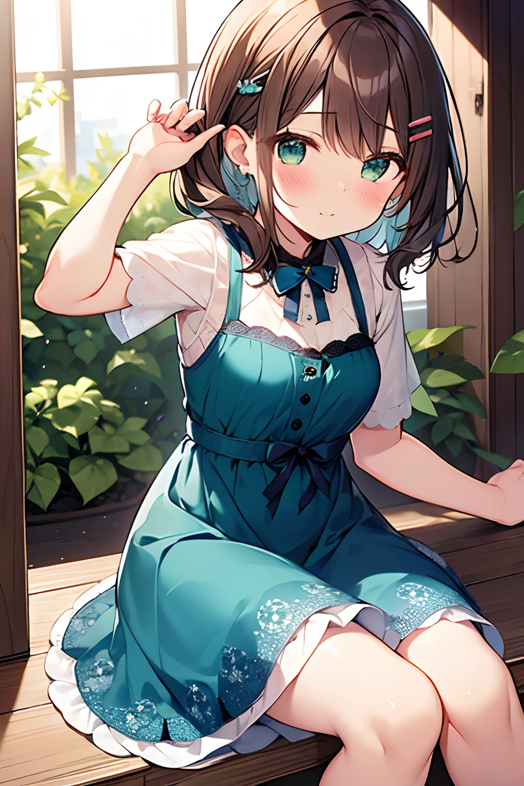 Sasanami Shoko, Valvrabe, hair clips, Blue roses, Dress, Lace dress, Brown hair, Green eyes, Short hair