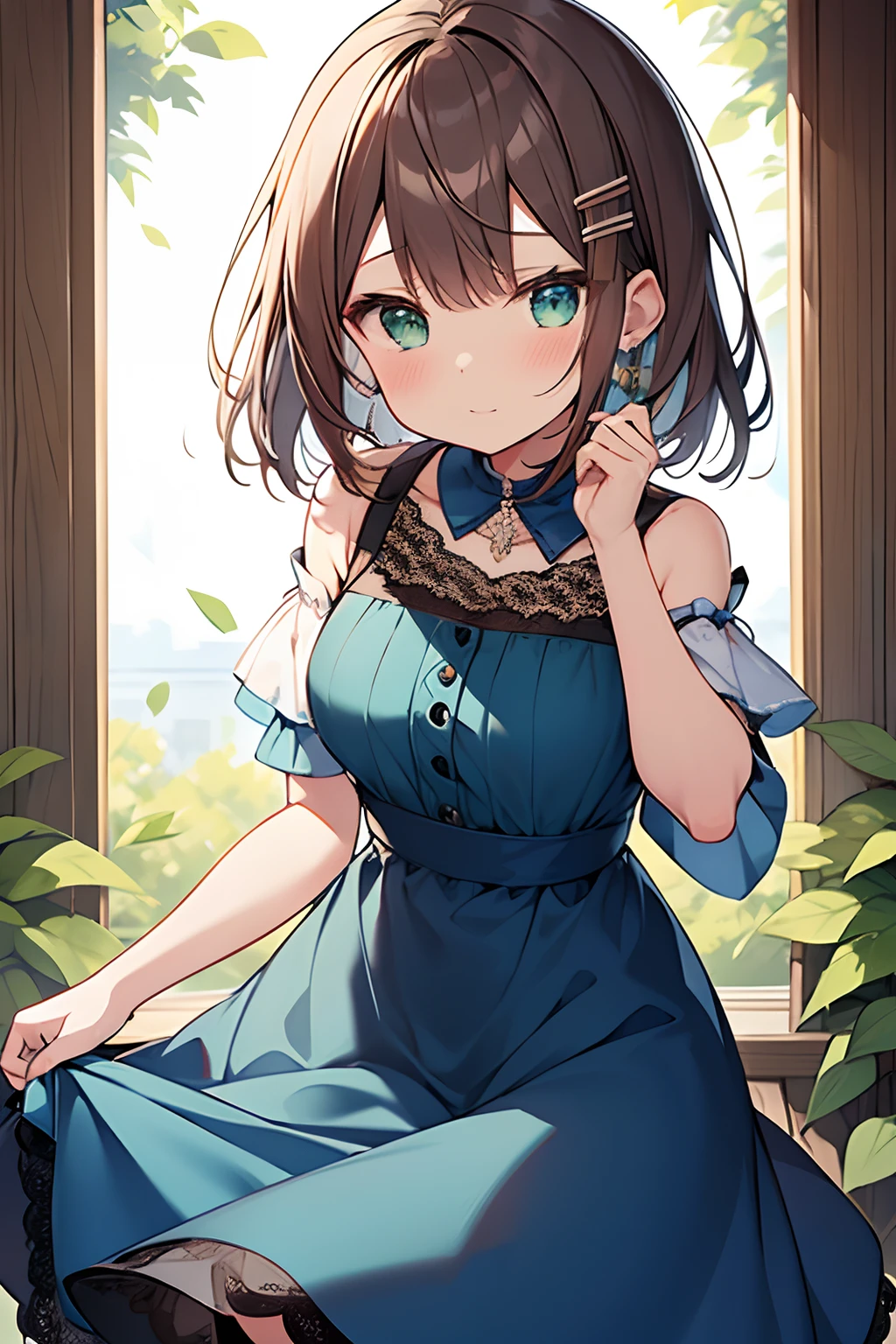 Sasanami Shoko, Valvrabe, hair clips, Blue roses, Dress, Lace dress, Brown hair, Green eyes, Short hair