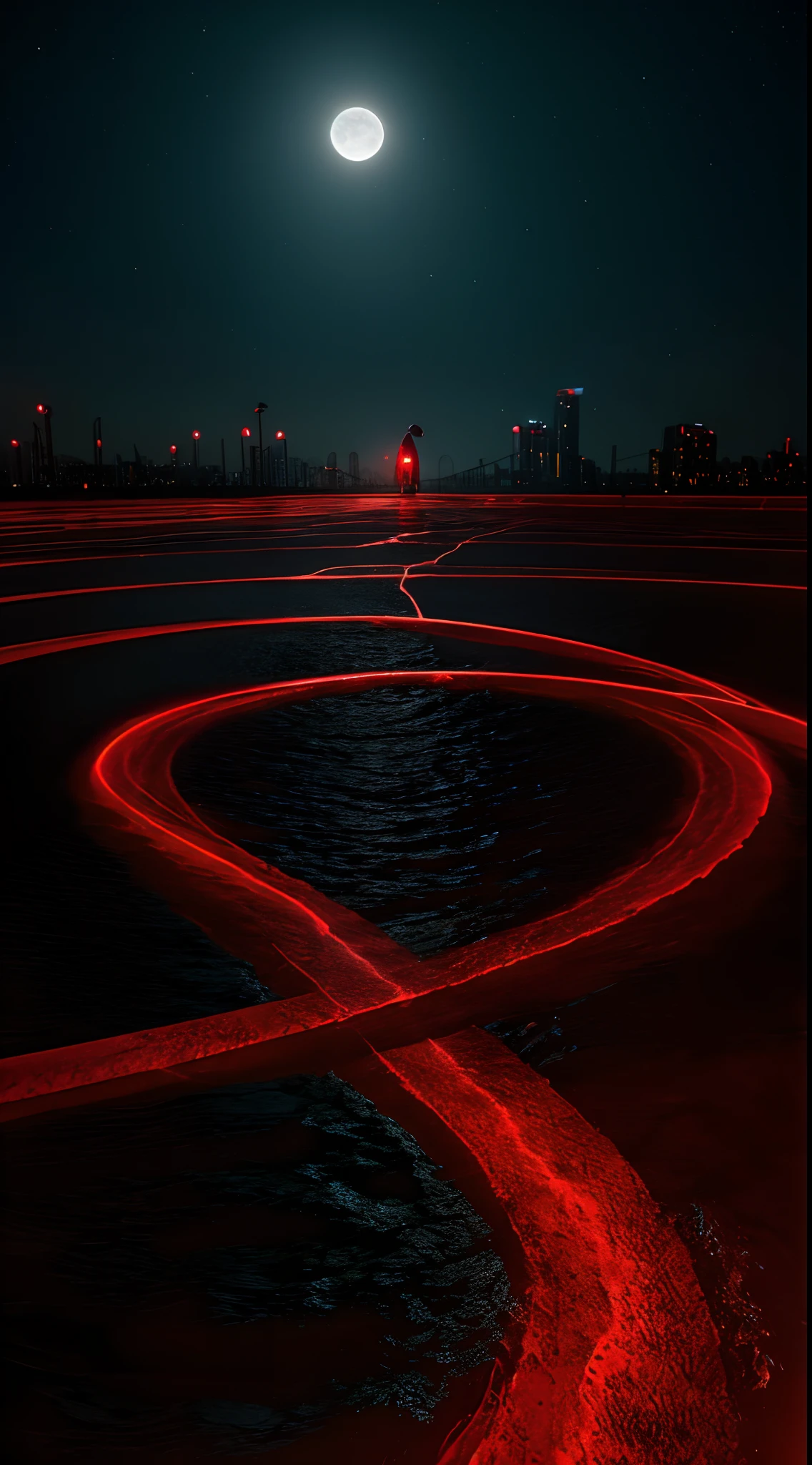 Dark night in the city, Red Moon, Red moon with energy flow, Energy tides, Bad premonition, Scenery, I don't want humans, There is a flow of energy, very real, 4K, Chiaroscuro, Ultra-high detail waiting to start