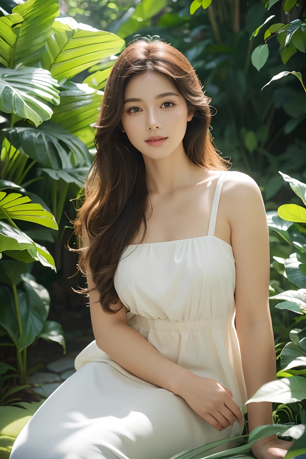 (best quality,4k,8k,highres,masterpiece:1.2),ultra-detailed,(realistic,photorealistic,photo-realistic:1.37),A girl in a garden,illustration,soft lighting,vibrant colors,greenery,detailed flowers,peaceful atmosphere,casually sitting,comfortable,relaxed,pleasant,medium:oil painting,beautiful detailed eyes,beautiful detailed lips,long eyelashes,gentle smile,flowing hair,feminine features,subtle sunlight filtering through the leaves,blurred background,lush trees and bushes,butterflies flying around,light breeze,stunning nature,optimistic,serene