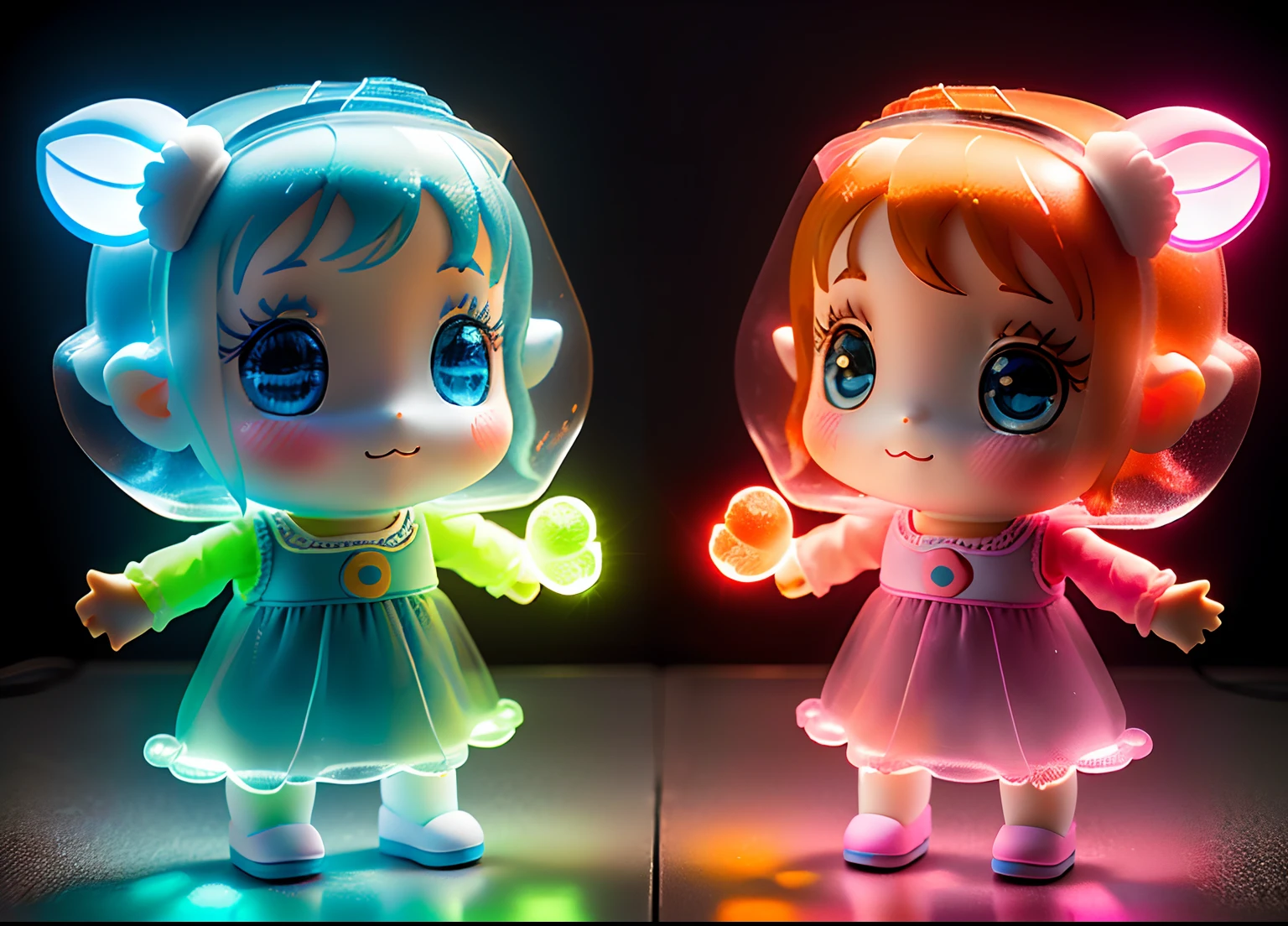 Super cute baby cow cartoon mascot，A calf in a blue dress，3D artwork, Front view,Left perspective，Right perspective，good eyes looking, Big eyes , 1 girl, Loli,Cute, cheerfulness, C4D,Pop Matt Blind Box, , Glowing bubbles, toys，tchibi, Fluorescent translucent, glowing body,kawaii,bauhause,Colorful,plastic,Transparent,Product design,glowing jelly,Delicate and cute plastic mechanical parts,awesome Lighting,。.3D,Digital art,translucent plastic bubblegum,solid color backdrop, tchibi, , doll, concept-art, t pose, by Pixar, Complex details, a 3D render, blender, OC renderer, Fore Body Reference Table, drools, High details, 8K, Studio lighting,SD character:1.1