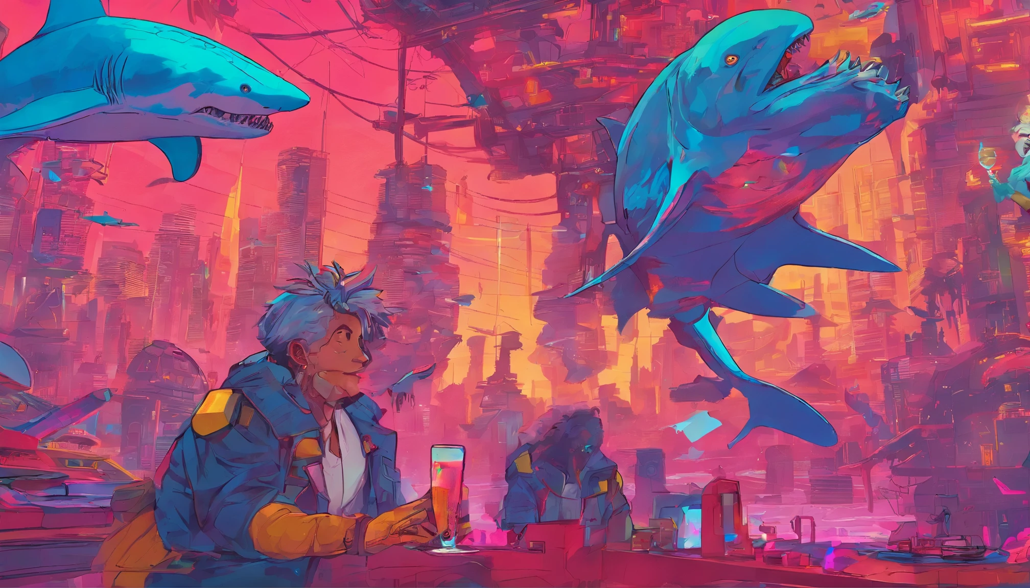 Sharks and humans dance together,Holding a wine glass in his hand,drunk,There is a blush on the face,mechanized,Cyberpunk style,Fine details. anime big breast. Anime epic artwork, dreamy psychedelic anime, colorful concept art, emotional concept art, Beeple e James Jean, anime visuals, artgem and beeple masterpiece, Anime art wallpaper 4 K