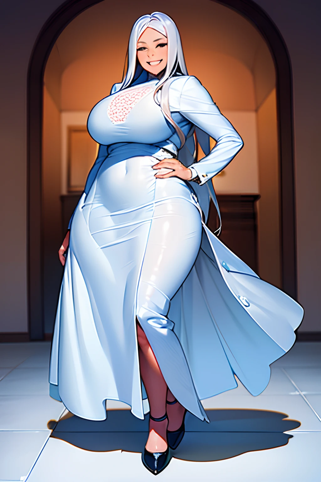 Woman with long silver hair, curvy body, wearing a long coat and a beautiful white frilly dress underneath, she also has blue eyes, and a big smile