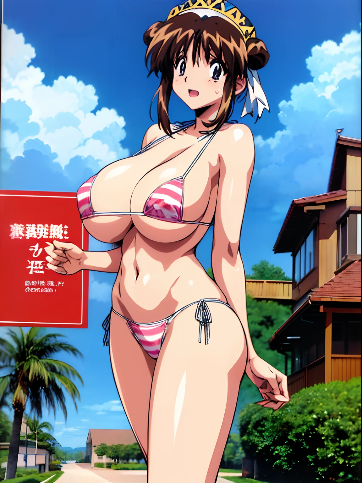 profile,(NSFW:1.2),((90s anime style))、((Anime cel drawing style)), ((Manga style)),Nanakusa_Verdure 々 child, ((Best Quality, High resolution)) ,1girl in,、Brown hair、 (((huge-breasted:1.8))) (((The bikini:1.6))),  (double tooth:1.2),Beautiful face, (nose blush:1.2), lightsmile, (the beach:1.1),tight top, (Large crowds:1.3)、Looking at Viewer、cowboy  shot、(Breast squeeze:1.2),Opening Mouth,(Head dress:1.3,),(Chest takes off:1.4)