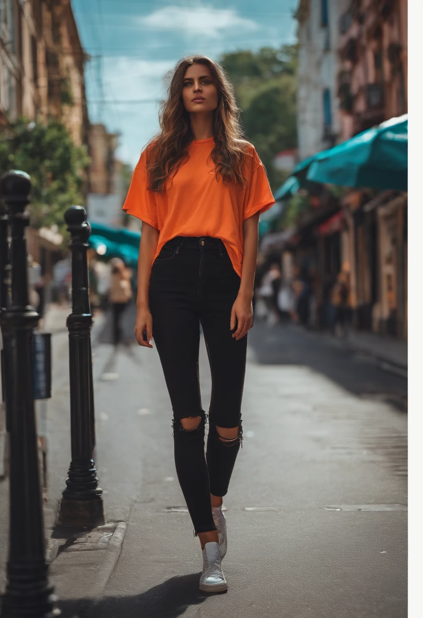 1girl wearing a oversized t-shirt,in the street