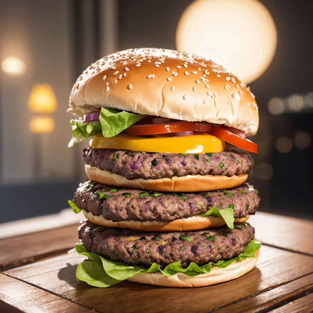 (Best quality、Realistic、Photorealistic:1.37)、hamburgers(full bodyesbian:1.5)、Hamburg always runs、Chase the burger enemy、(hamburgers:1.5)、(The burger is shiny,juice)、Blue sky background、Hills full of pink and white daisies、Vivid colors、strong contrasts、Soft lighting、Hole to see people, Batik linen bandana, Crane pattern long sleeve garment,ice flower(Abstract propylene splash:1.2), Thick fog background,Grilled burgers(realisticlying:1.4),hamburgers,Fairy air fluttering,the complex background, A high resolution, the detail, RAW photogr, Sharp Re, Nikon D850 Film Stock Photo by Jefferies Lee 4 Kodak Portra 400 Camera F1.6 shots, Rich colors, ultra-realistic vivid textures, Dramatic lighting, Unreal Engine Art Station Trend, cinestir 800,Flowing black hair,(((Big Mac Burger King)))