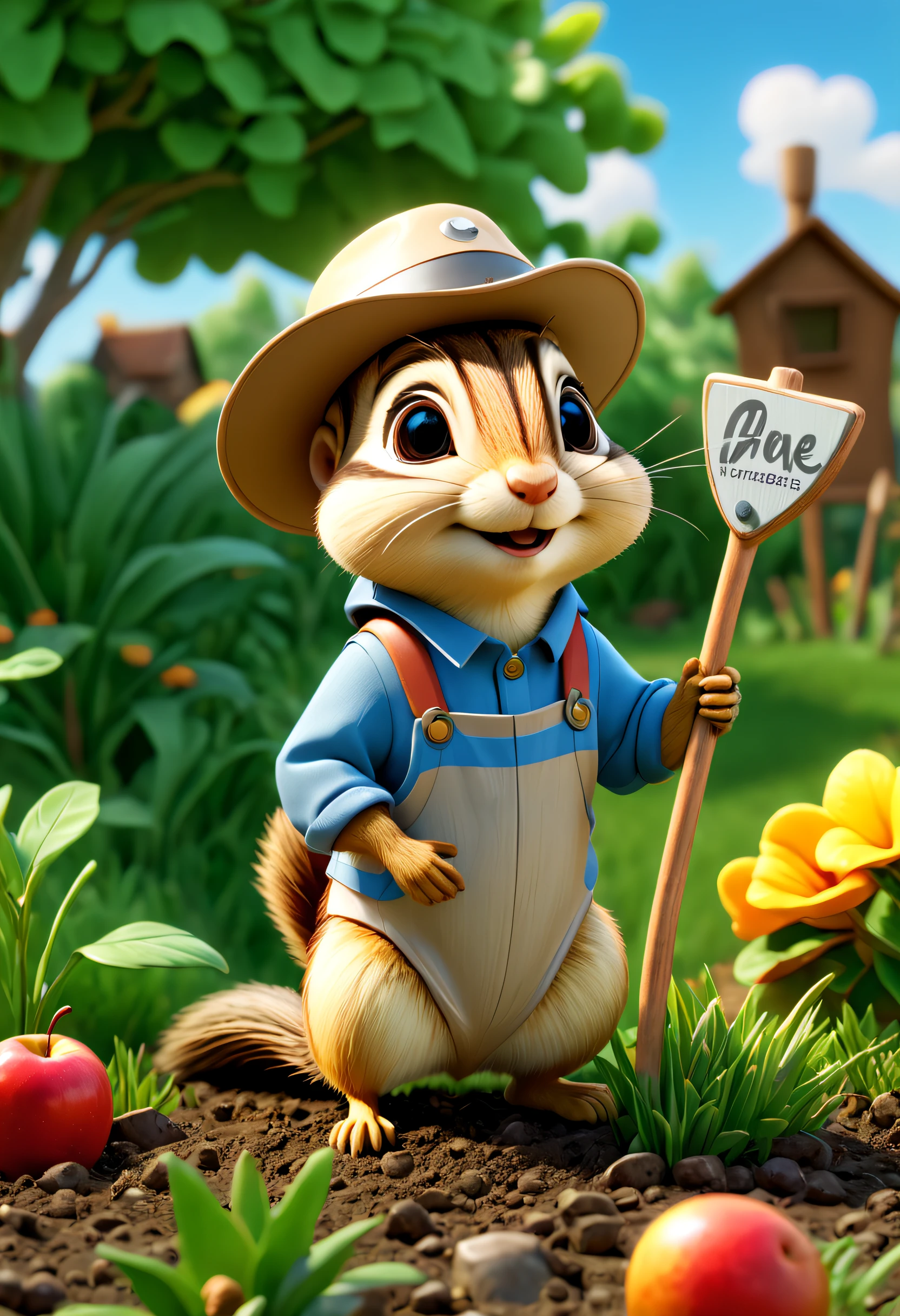 Very realistic 3D rendered scene drawing. The subject is a chipmunk, Wear a sun hat and farm uniform, With a hoe in his hand, Cultivate the land,Foreground plants, Wooden signboard, fruit trees, Transparent grass, The background is blue sky,by Pixar,ip, blindbox, Clay material, Pastel color, Studio light, Front view, rendering by octane, blender, hyper qualit, Ultra HD, 8K,Lively brushstrokes, 8K, yes