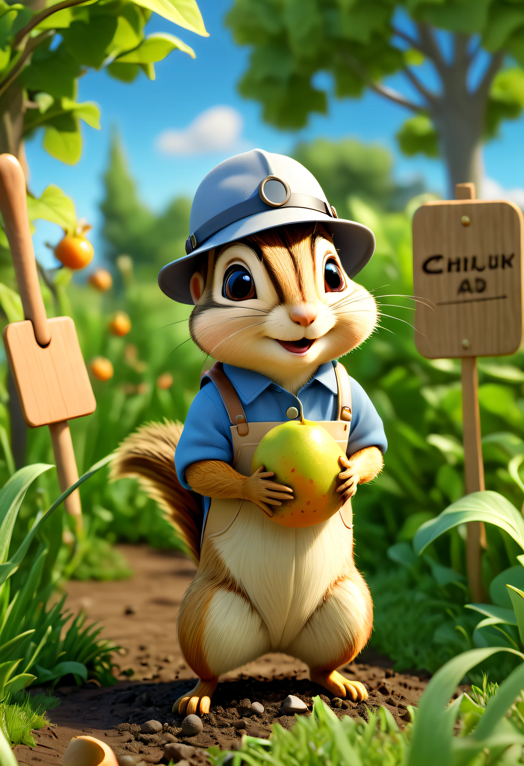 Very realistic 3D rendered scene drawing. The subject is a chipmunk, Wear a sun hat and farm uniform, With a hoe in his hand, Cultivate the land,Foreground plants, Wooden signboard, fruit trees, Transparent grass, The background is blue sky,by Pixar,ip, blindbox, Clay material, Pastel color, Studio light, Front view, rendering by octane, blender, hyper qualit, Ultra HD, 8K,Lively brushstrokes, 8K, yes