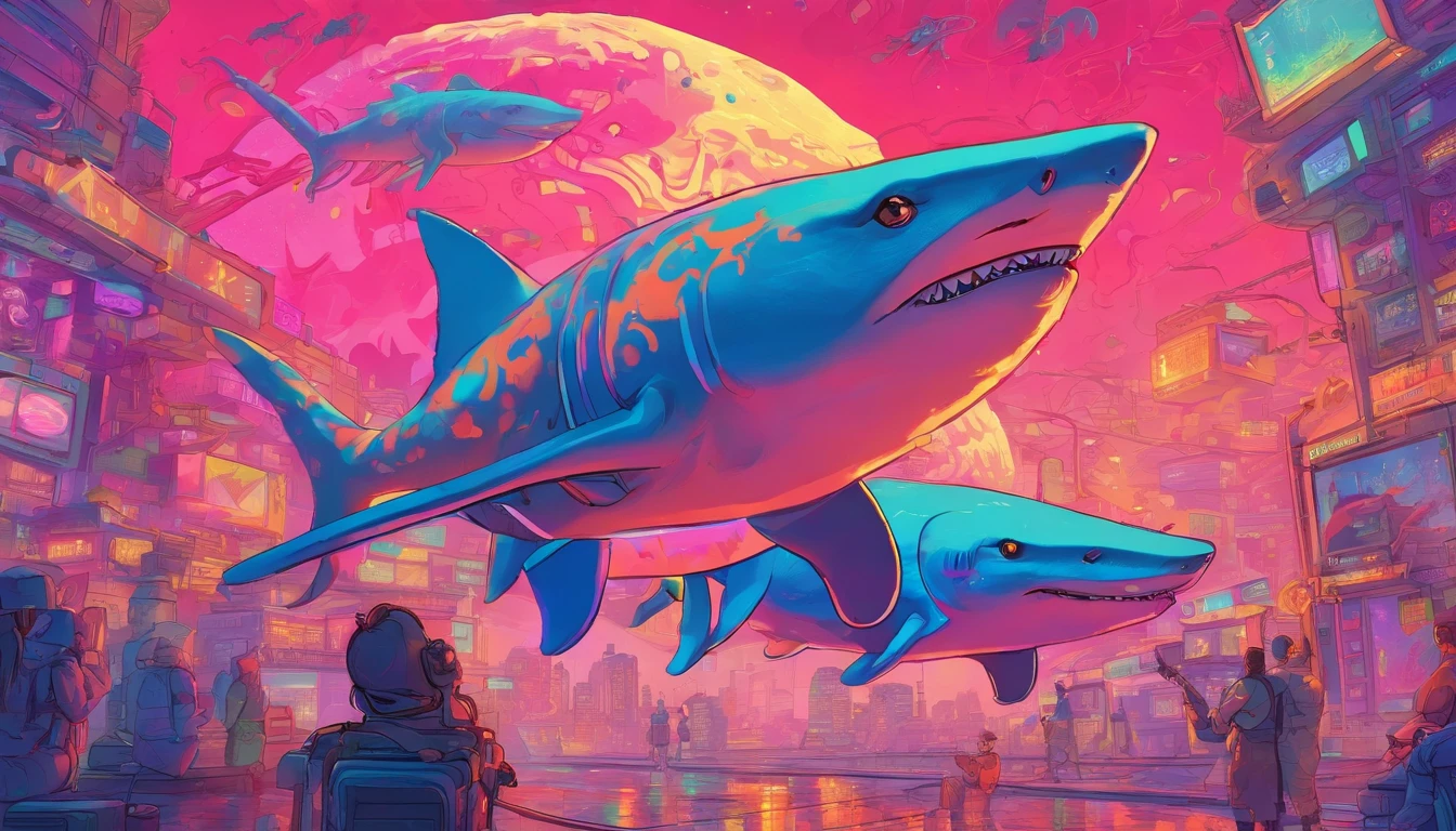 Drunken sharks dance in the sky with a smile on their faces，The man drinks with a wine glass in his hand，The face is a drunken blush，There is a blush on the face，mechanized，Cyberpunk Style，Fine details. anime big breast. Anime epic artwork, dreamy psychedelic anime, colorful concept art, emotional concept art, Beeple e James Jean, anime visuals, artgem and beeple masterpiece, Anime art wallpaper 4 K