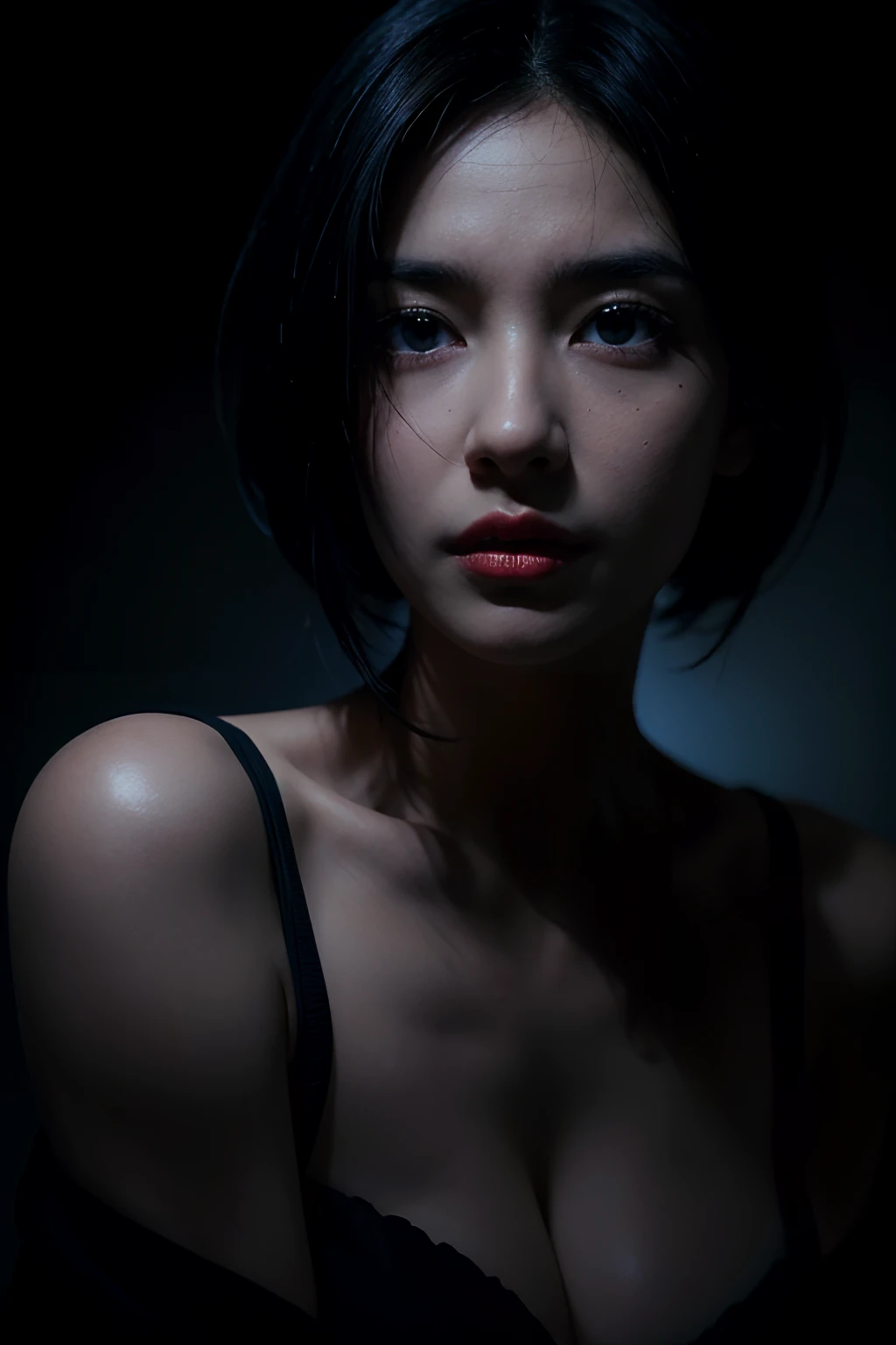 highest quality, high resolution, Photorealistic, Raw photo, 1 girl, Black hair, Glossy skin, 1 Girl, super realistic details, Portrait, Shadow,  8K, ultra-sharp, Big breasts, Exposed cleavage, highly intricate detail,  lighting, Glowing eyes, Facing the camera, Cyberpunk, short hair, blue Eyes,  detailed face, detailed breast, offshoulder, in the dark, deep shadow, low key, cold light
