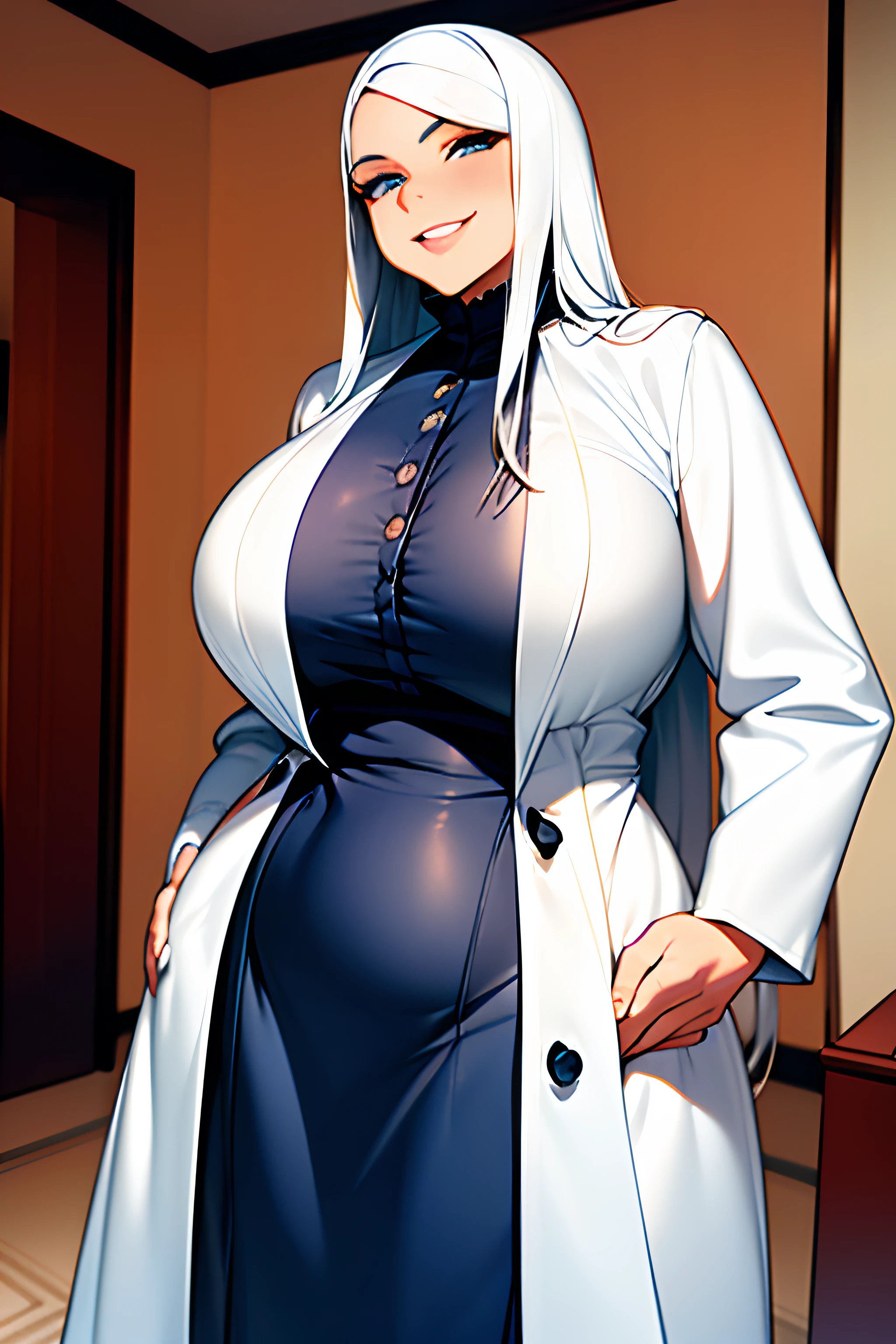 Woman with long silver hair, curvy body, wearing a long coat and a beautiful white frilly dress underneath, she also has blue eyes, and a big smile