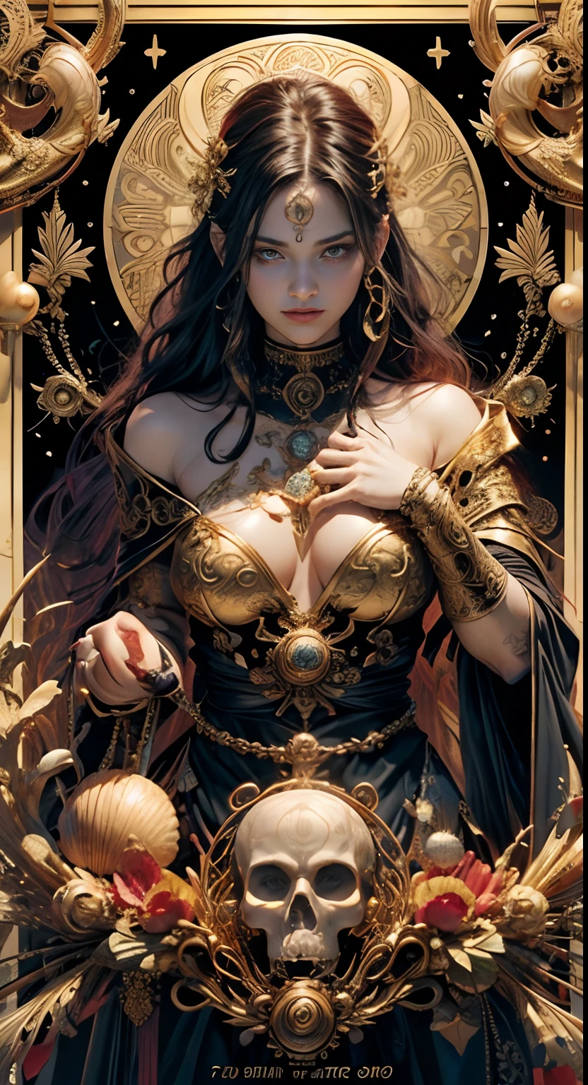 tarot cards,Full tarot border,(The image is surrounded by a tarot card-style border:1.8), (1 Men 1.5),Hades,The Grim Reaper armed with a giant scythe,(Wearing:black toga,),Fire-breathing eyes,angry look,(Hairstyles: Red curls,),Beard, Roman mythology,8k wallpaper,finely quality eyes,Right eyes,correct hand, Ultra-detailed, Beautiful and aesthetically pleasing, tmasterpiece, best qualityer, (s fractal art: 1.3), mountain ranges, Machine detailed, dynamic angle, Cowboy shot, The most beautiful forms of chaos, elegant, Fauvistdesign, vivd colour, romanticism lain, volcanoes,hell, Buble, shells, Blood, pearls,magma,火焰, Libra, shells, skulls, seele,Hold the giant scythe,Vintage style,Well-developed muscles,(zentangle,datura,Tangles,entangled), (s fractal art: 1.3),holy rays,gold foil,Gold leaf art,glitter drawing,Full tarot border,(Full border 1.5),Fang Yi