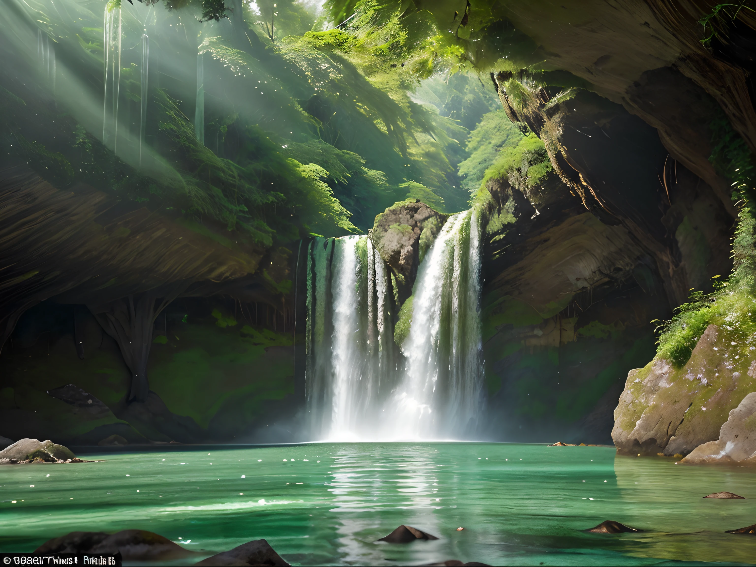 A breathtakingly serene and majestic waterfall cascades down lush green slopes, surrounded by towering ancient trees and vibrant wildflowers. This mesmerizing image, captured in a vivid and awe-inspiring photograph, showcases the raw power and ethereal beauty of nature. The crystal-clear waters glisten under the warm sunlight, creating a mesmerizing display of colors. Every detail is impeccably captured, from the intricate patterns of the fern-covered rocks to the delicate mist that dances in the air. This stunning portrayal perfectly encapsulates the untamed wonder and tranquility that exists within nature's landscapes.