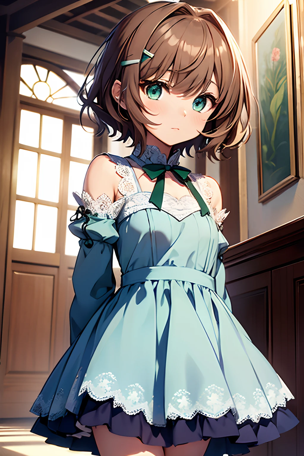Sasanami Shoko, Valvrave, hair clips, Blue roses, Dress, Lace dress, Brown hair, Green eyes, Short hair