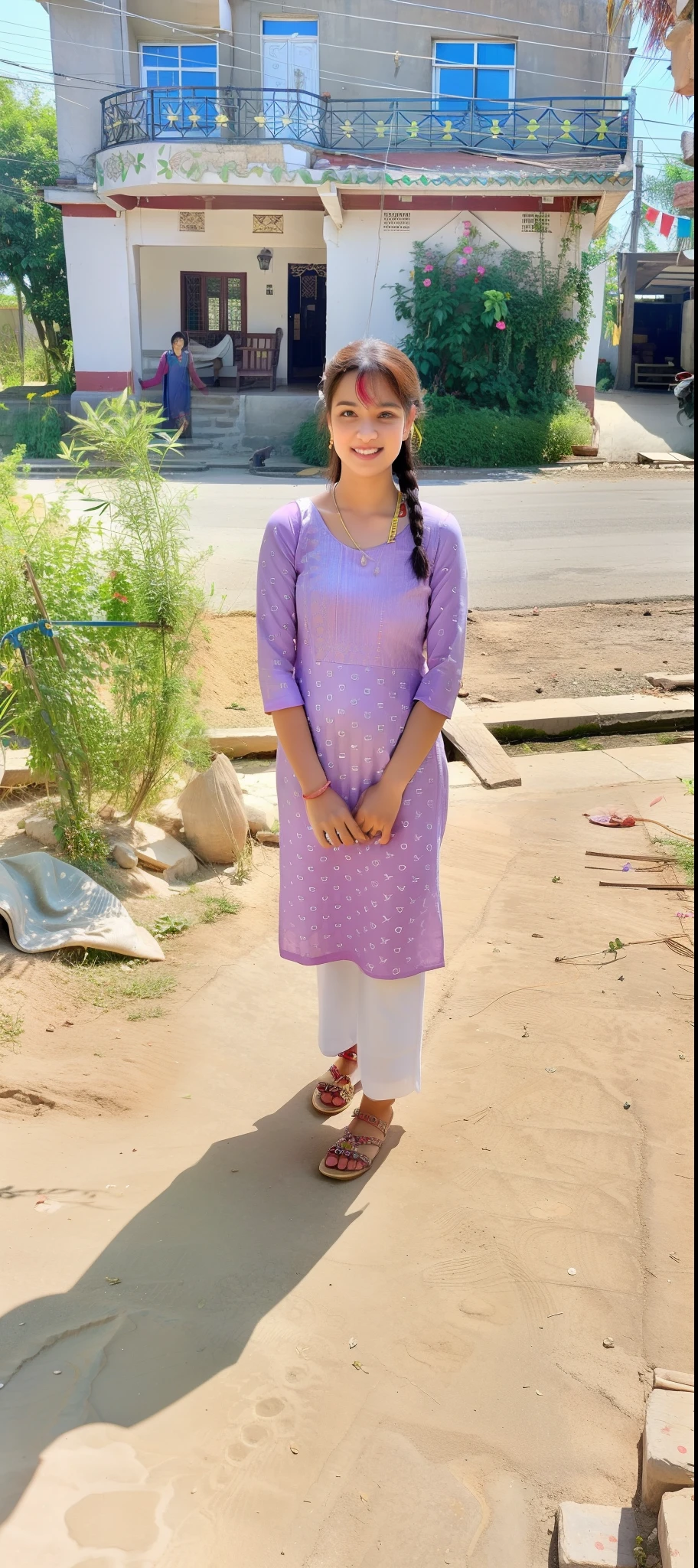 araffe woman standing in front of a house in a village, wearing a kurta, wearing a silk kurta, with lovely look, around 1 9 , standing gracefully upon a lotus, full body picture, on a bright day, with a beautifull smile, very extremely beautiful, joyful look, photo taken in 2 0 2 0