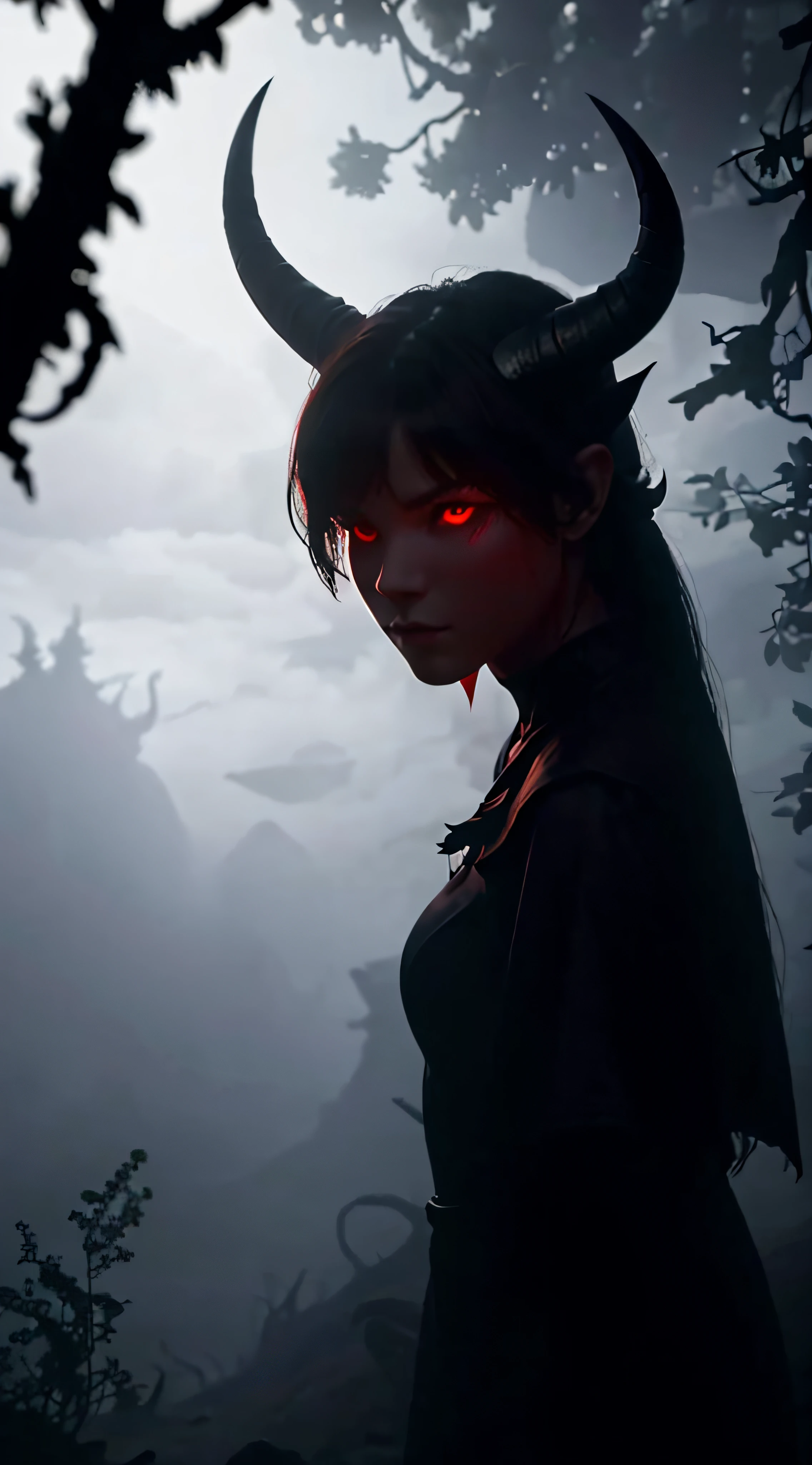 High quality, HD, realistic, HDR. distant silhouette of a devilish girl, big horns, Bright red eyes, surrounded by a glowing mist, Soft atmosphere, dark shadows, dark forest, fog.